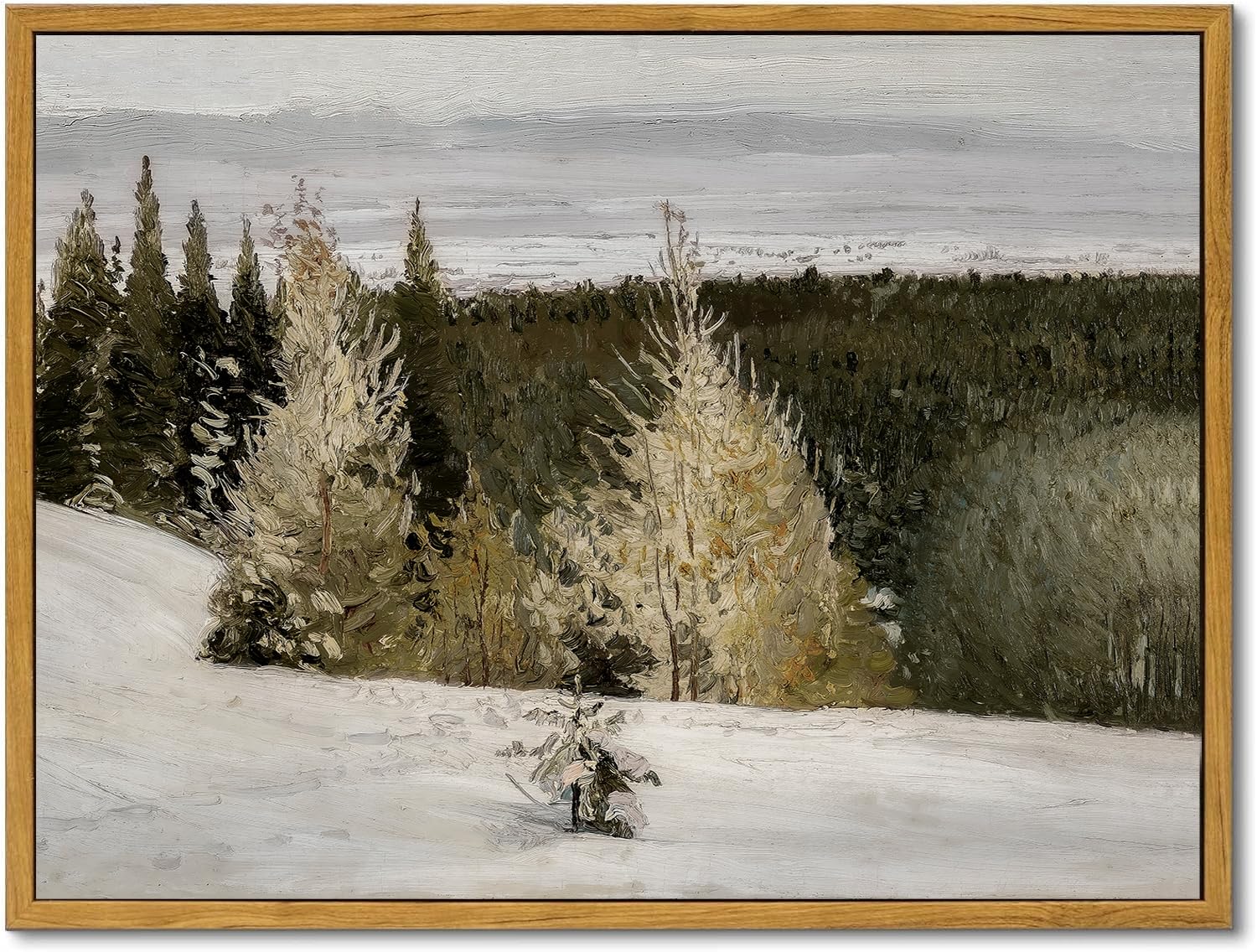 Kbkbart Framed Vintage Landscape Wall Art Home Decor, Retro Winter Forest Nature Wilderness Illustrations Painting, Moody Countr