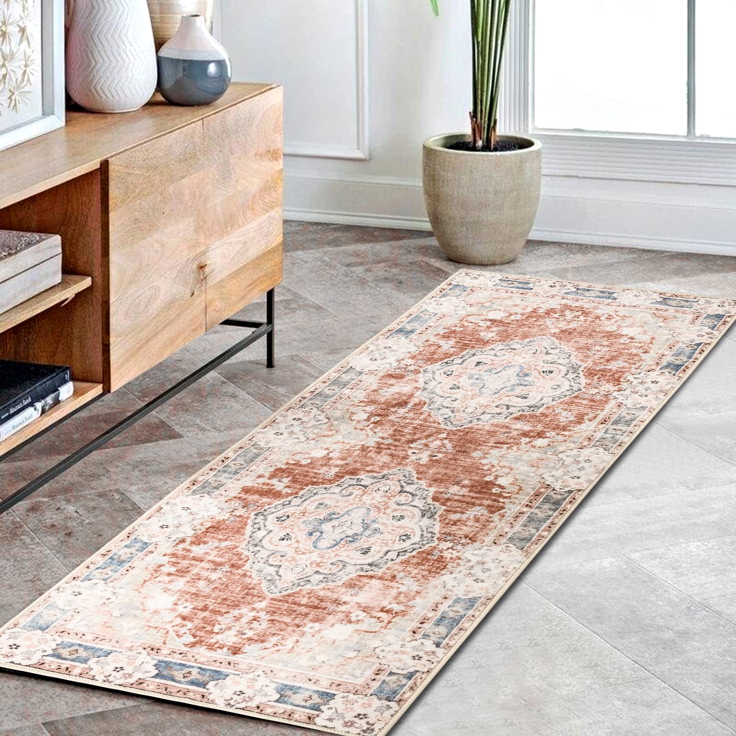 MUJOO Hallway Runner Rug Machine Washable Runner Rugs 2x6  Non Slip Boho Runner Rugs for Hallways Entryway Kitchen Bathroom Be