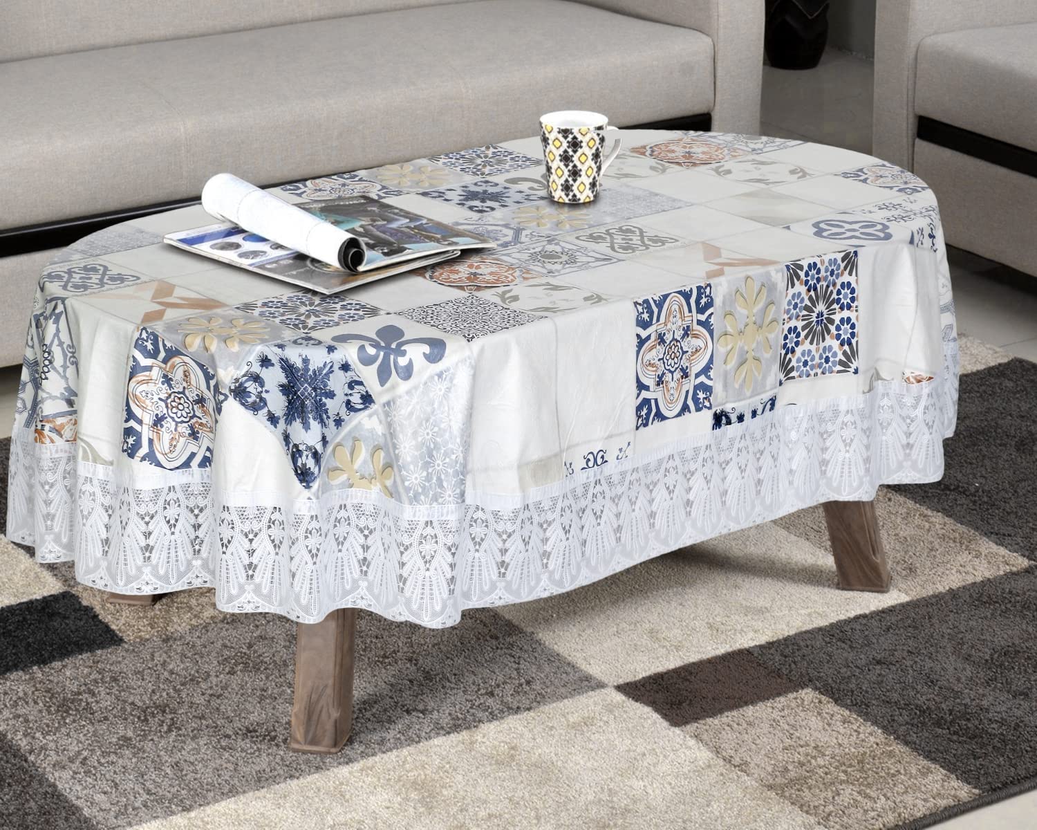 The Furnishing Tree Oval Shaped WxL 54x78 Inch 4 Seater Table Cover Waterproof PVC Mosaic Pattern Cream