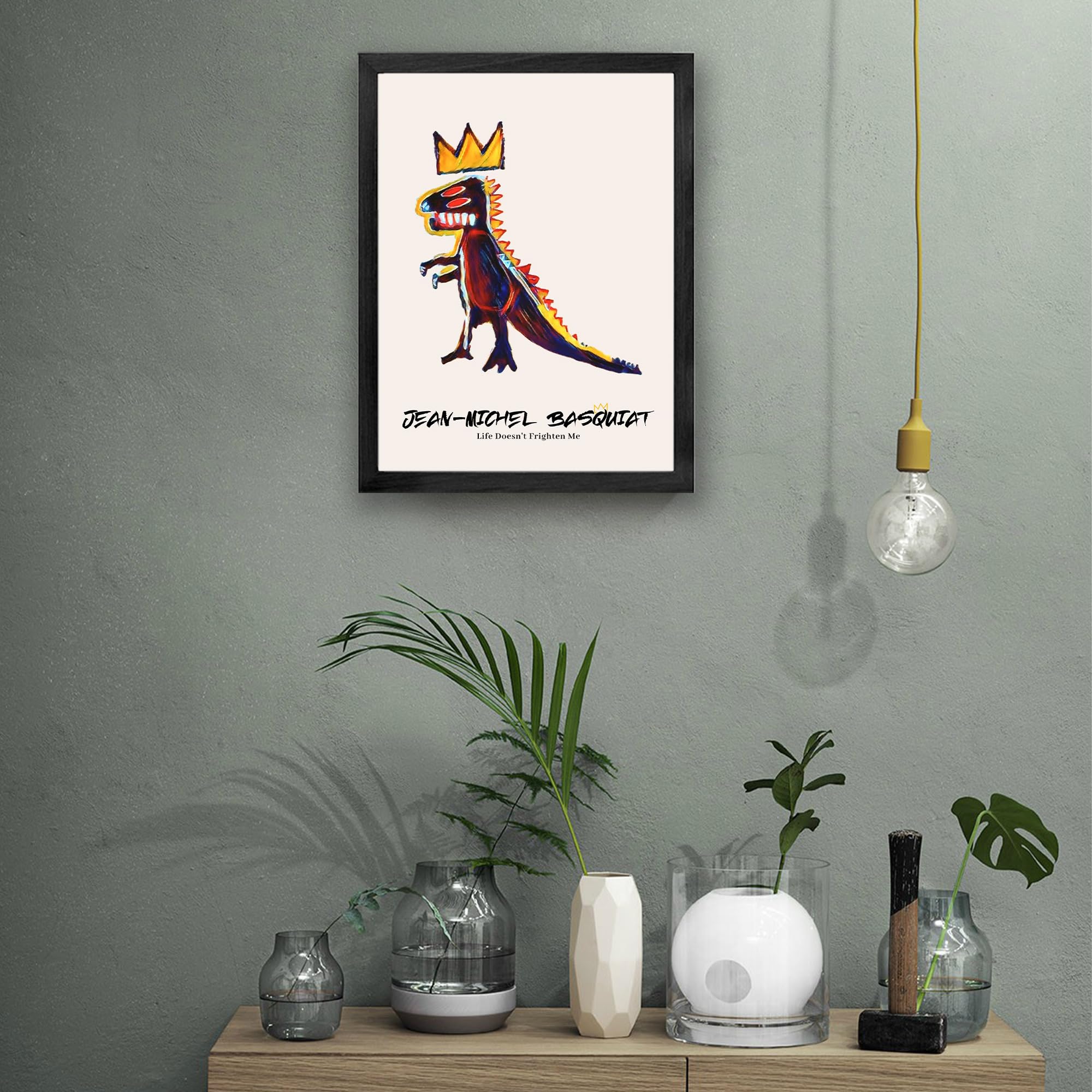 Framed Basquiat Wall Art  Basquiat Poster Jean Michel Basquiat Dinosaur King Animals Colorful Graffiti Canvas for Bedroom Living Room Decor Office(Black 8x10in)