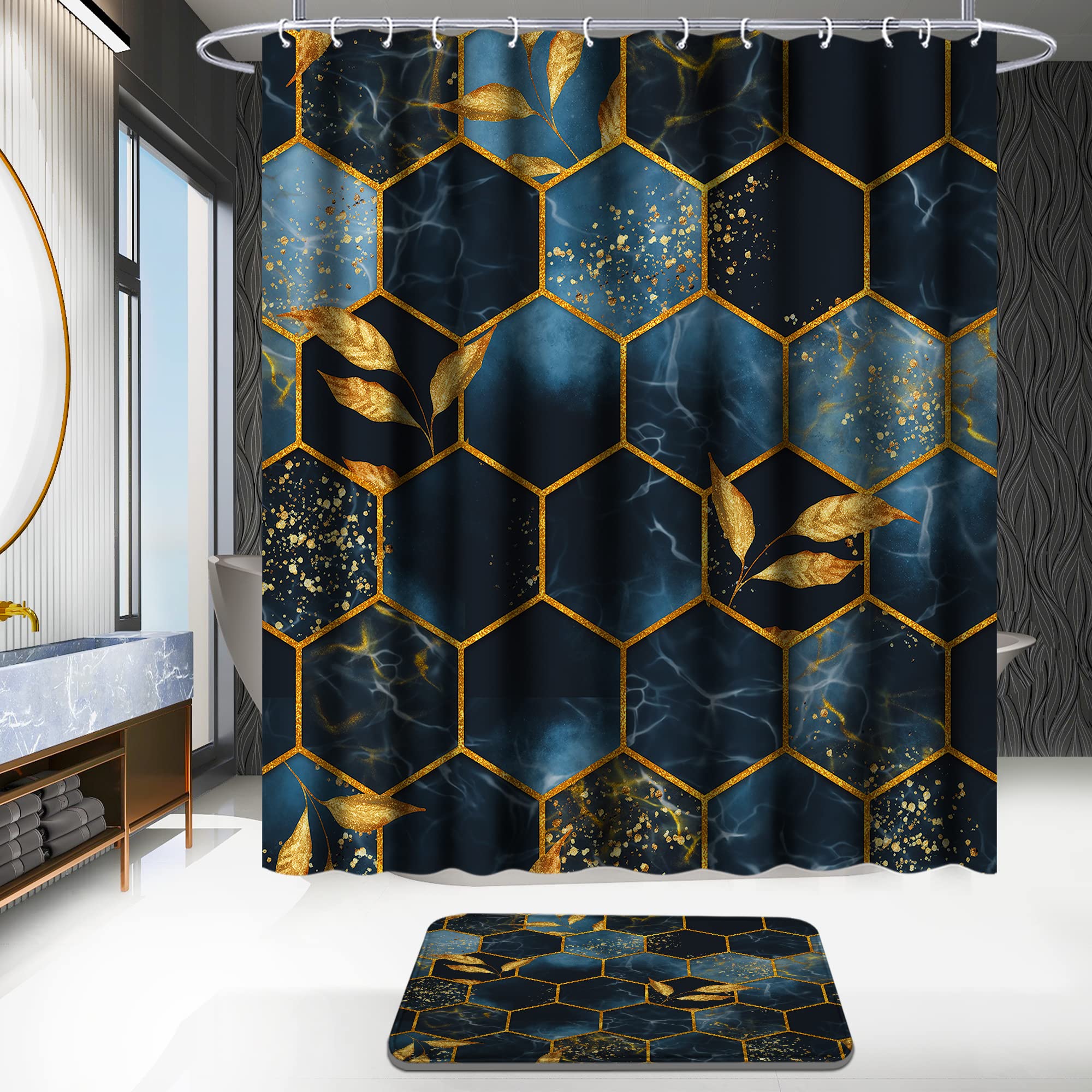 Poedist 4 Pcs Bathroom Shower Curtain Set,Bathroom Sets With Rugs(Bath Mat,U Shape And Toilet Lid Cover Mat) And 12 Hooks,Black