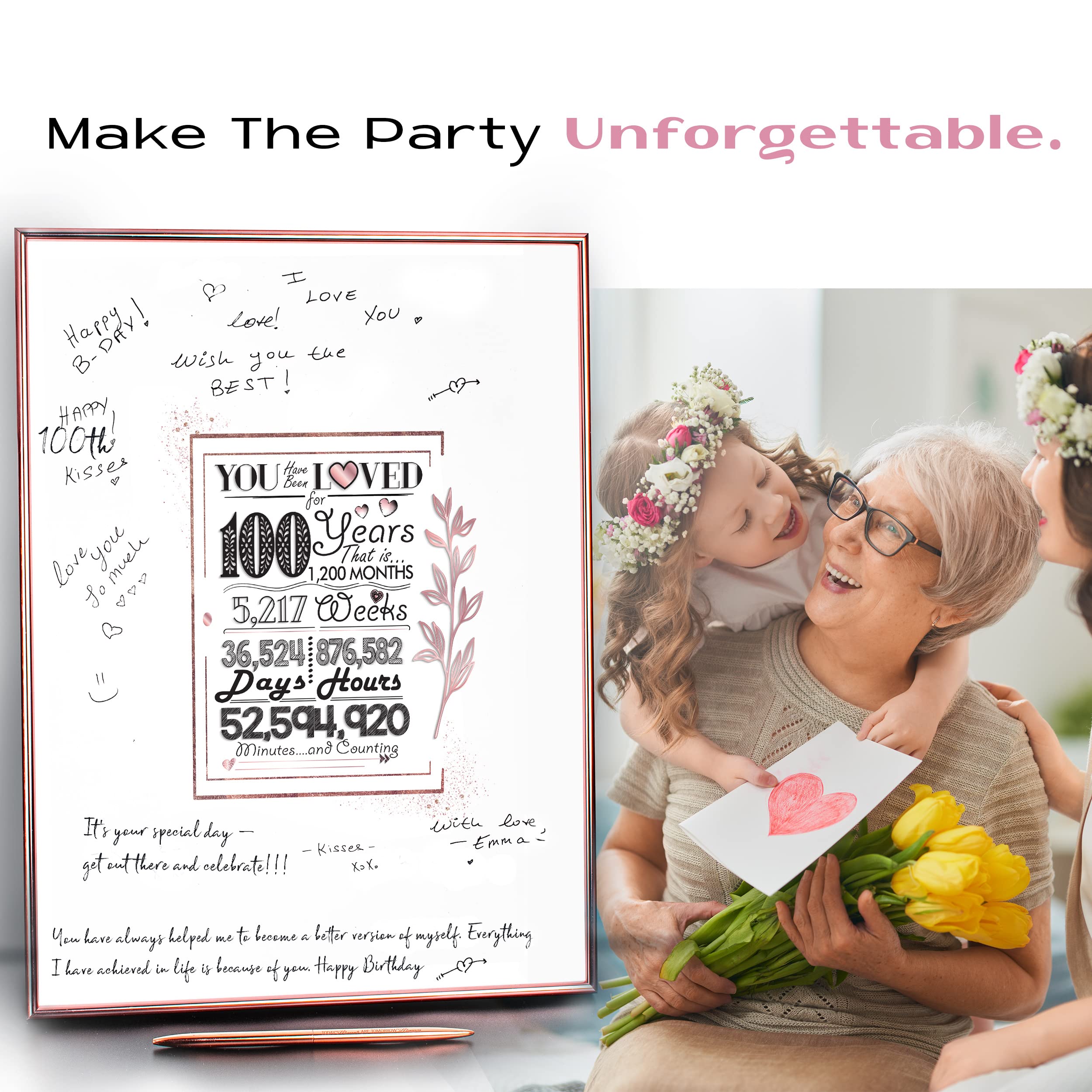 Doubleshoot Rose Gold100Th Birthday Decorations For Womens - 100 Birthday Gifts For Her 12''X16'' Guest Book Sign Poster - Frame