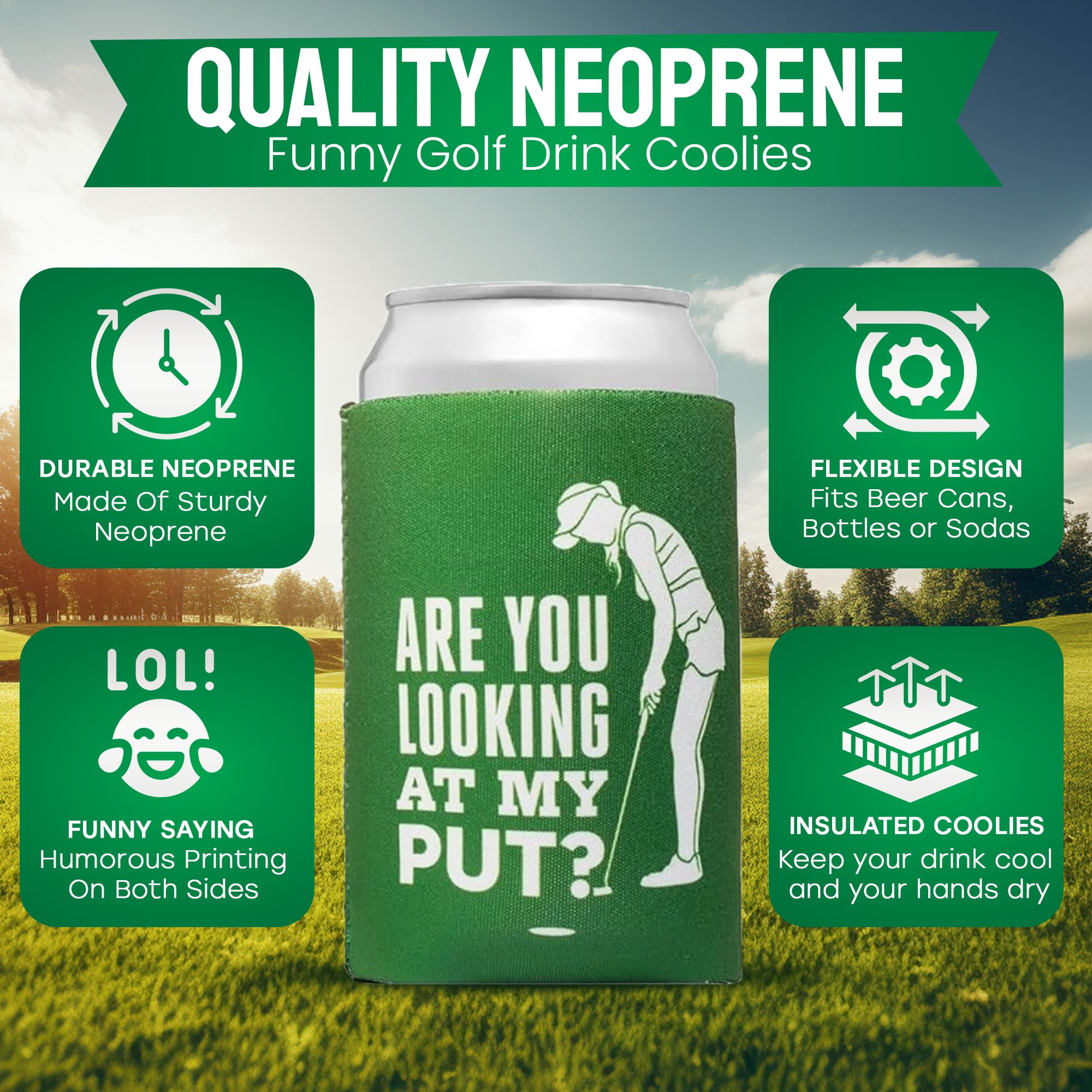 Funny Golf Drink Coolies -8 Pack - Golf Can Cooler Sleeves - Keeps Drinks Cool