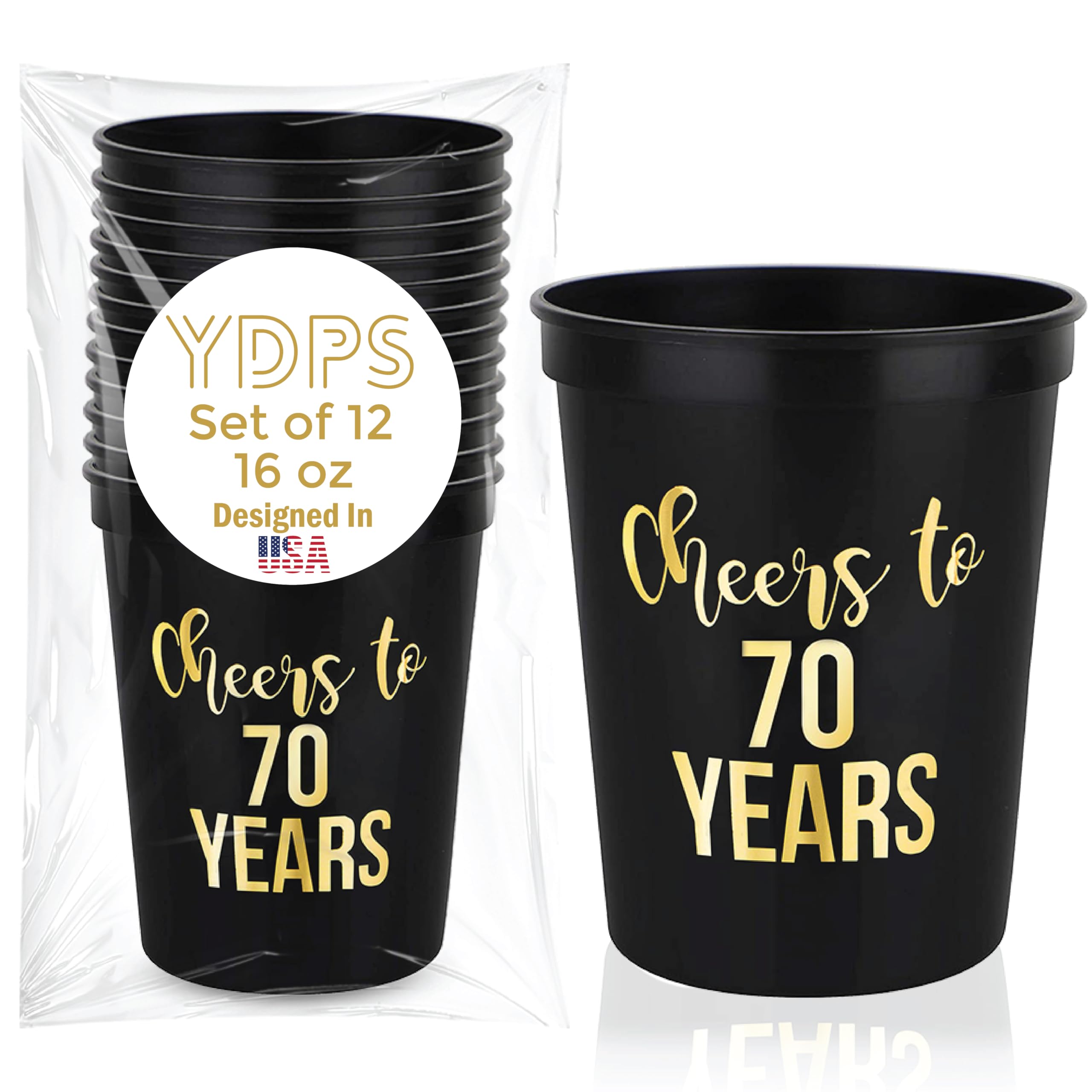 Cheers To 70 Years With 70Th Birthday Party Cups - Set Of 12, 16Oz Black & Gold 70Th Birthday Cups - Perfect 70Th Birthday Party