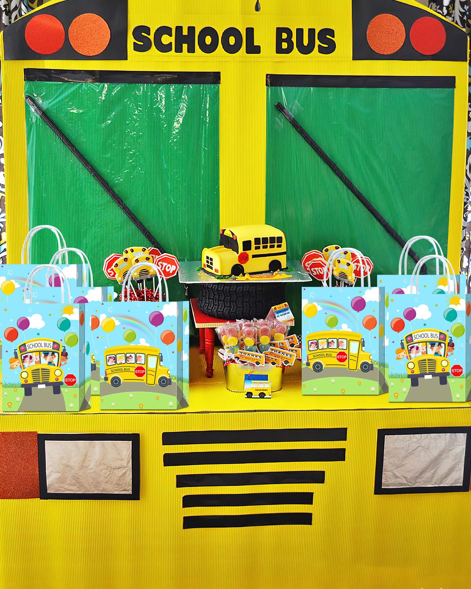 Yanzonic 16Pcs School Bus Decorations Goodie Bags - Back To School Party Favor Bags For School Bus Birthday Party Decorations, S