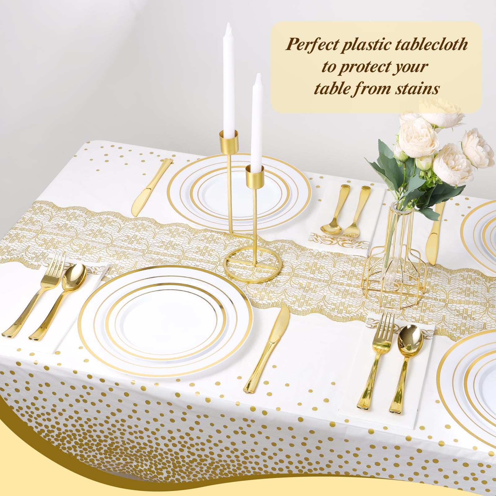 Goodluck 54 Inch X 100 Feet Plastic Table Cloths with Cutter Box, Gold Disposable Table Cover Roll, Plastic Tablecloth for Party