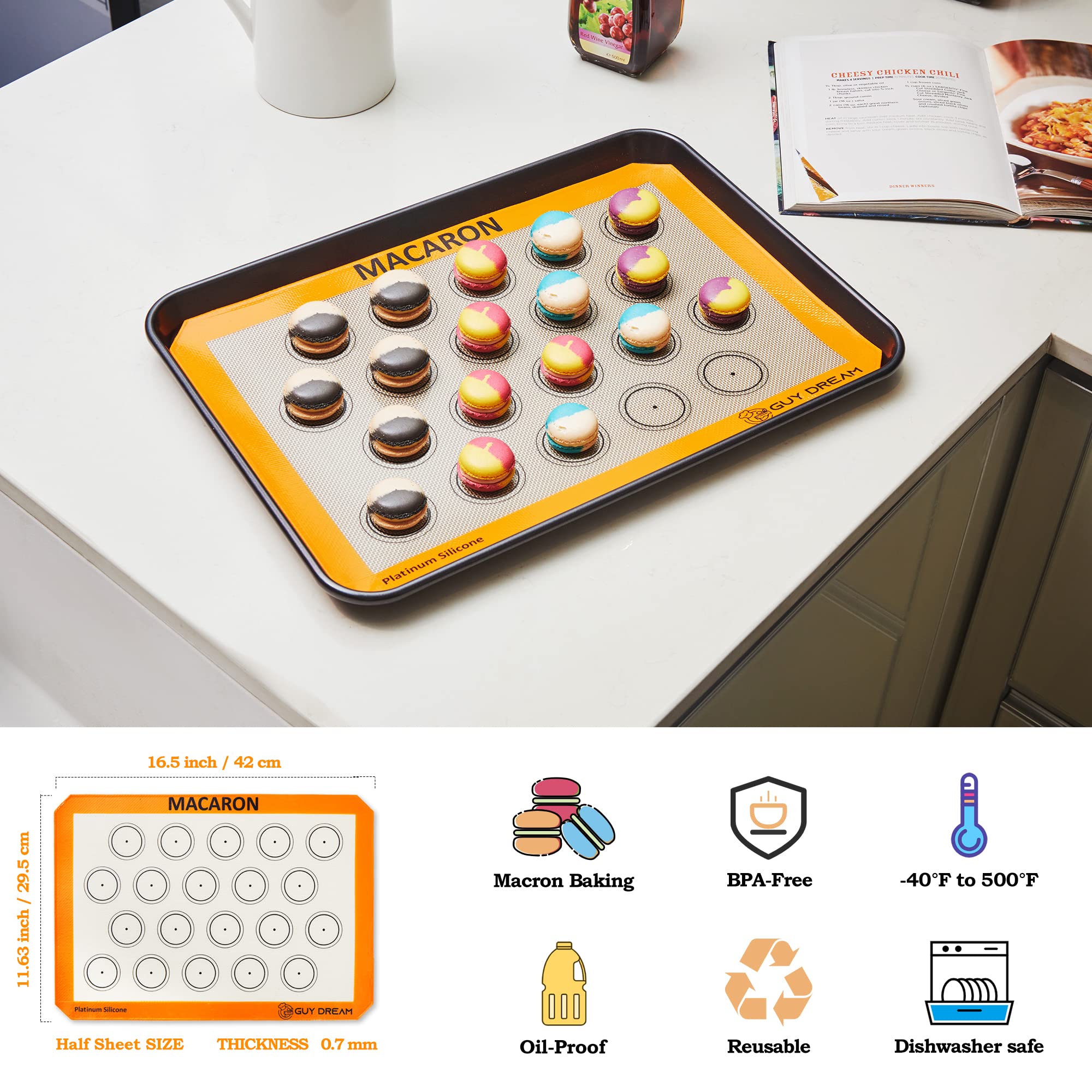 GUY DREAM All-in-One Silicone Baking Mat Set - Kneading Mat, Cookie & Macaron Half Sheet Mat, 1/4 Sheet Mat, Square & Round Cake