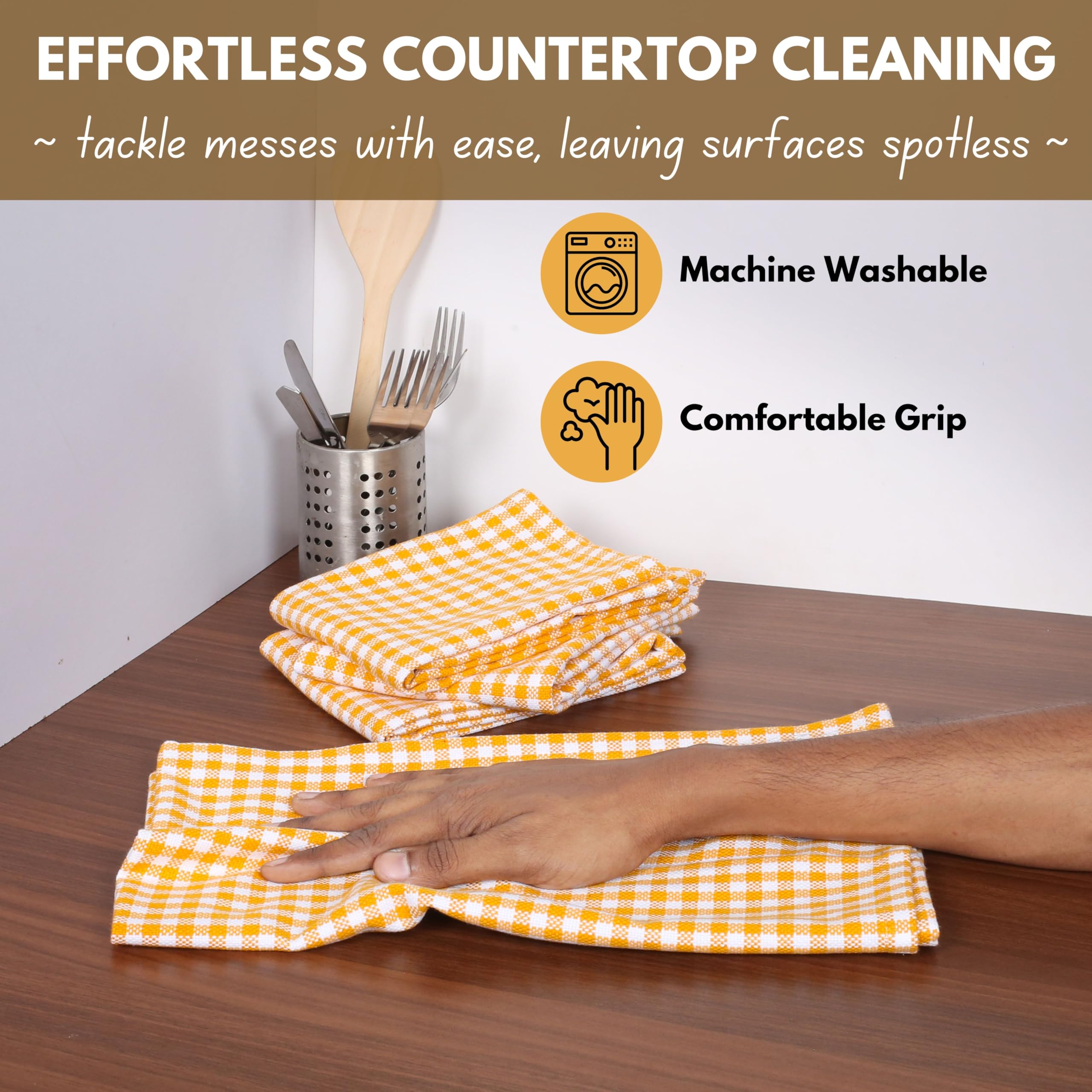 Native Fab 4 Pack Yellow Gingham Cotton Dish Towels 16''X26'' - Absorbent Kitchen Linen Towels With Hanging Loop, Dishcloths Set