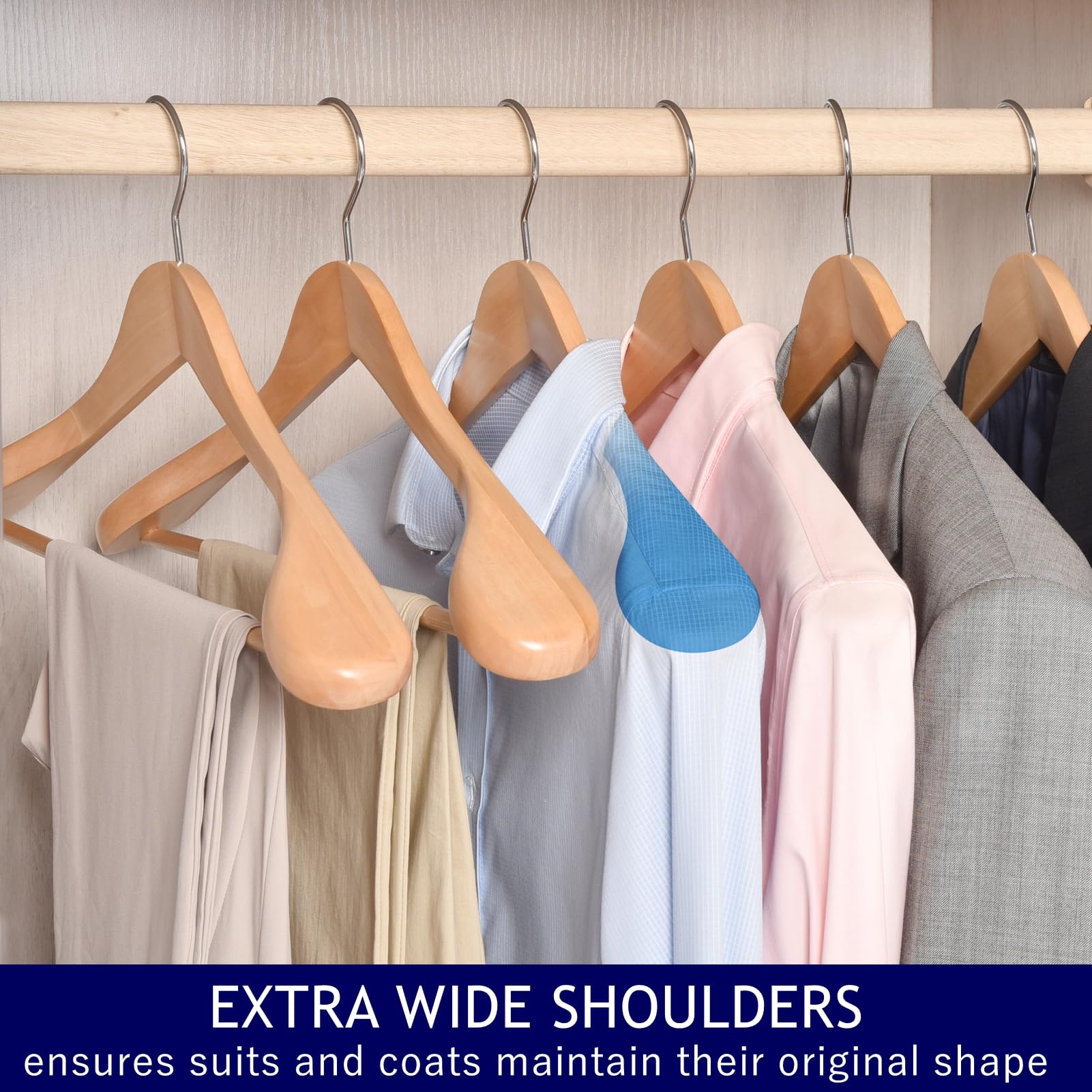 Amber Home 6 Pack Natural Wide Shoulder Bamboo Wooden Suit Coat Hangers, Bamboo Clothes Hangers With Pants Bar, Heavy Duty Bambo