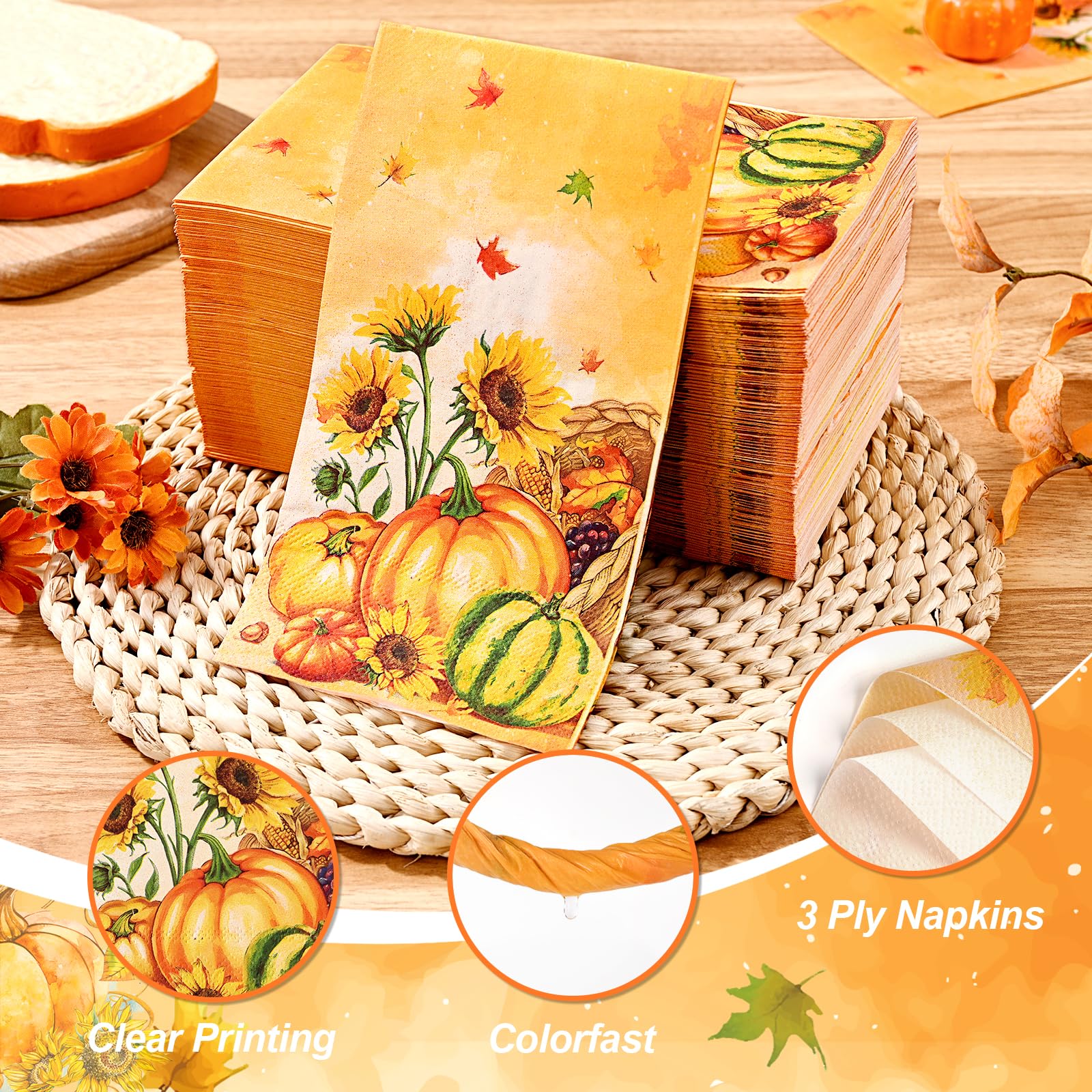 Homlouue 100 PCS Thanksgiving Napkins Disposable, 3-Ply Disposable Fall Paper Napkins for Thanksgiving Harvest Fall Party, Pumpk