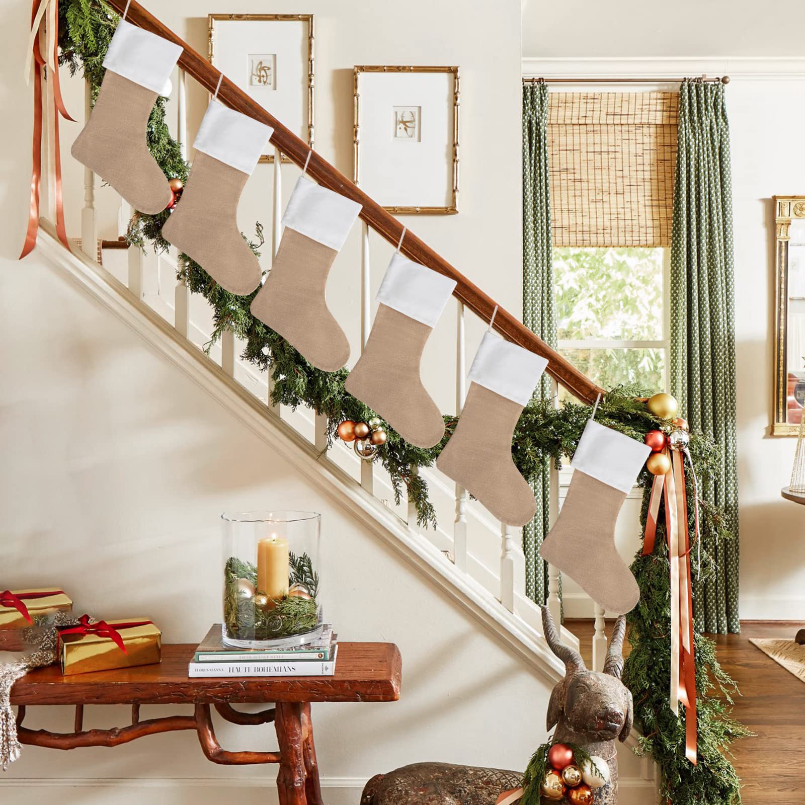 Kunyida 18 Burlap Christmas Stockings for Holiday Decor Plain,Pack 9