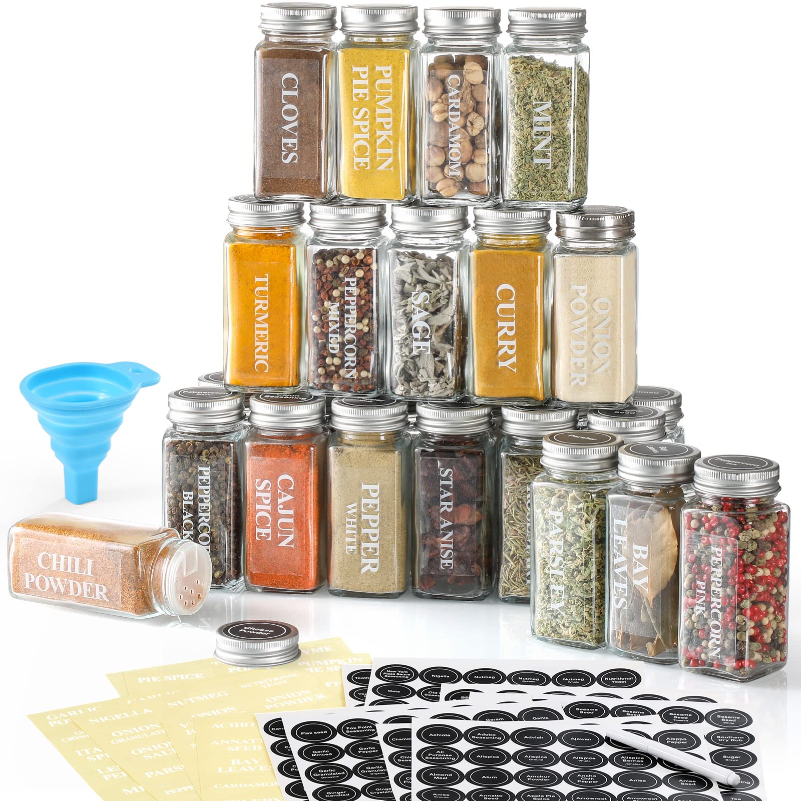 Aozita 24 Pcs Glass Spice Jars With Labels - 4Oz Empty Square Spice Bottles Containers, Condiment Pot, Shaker Lids And Airtight