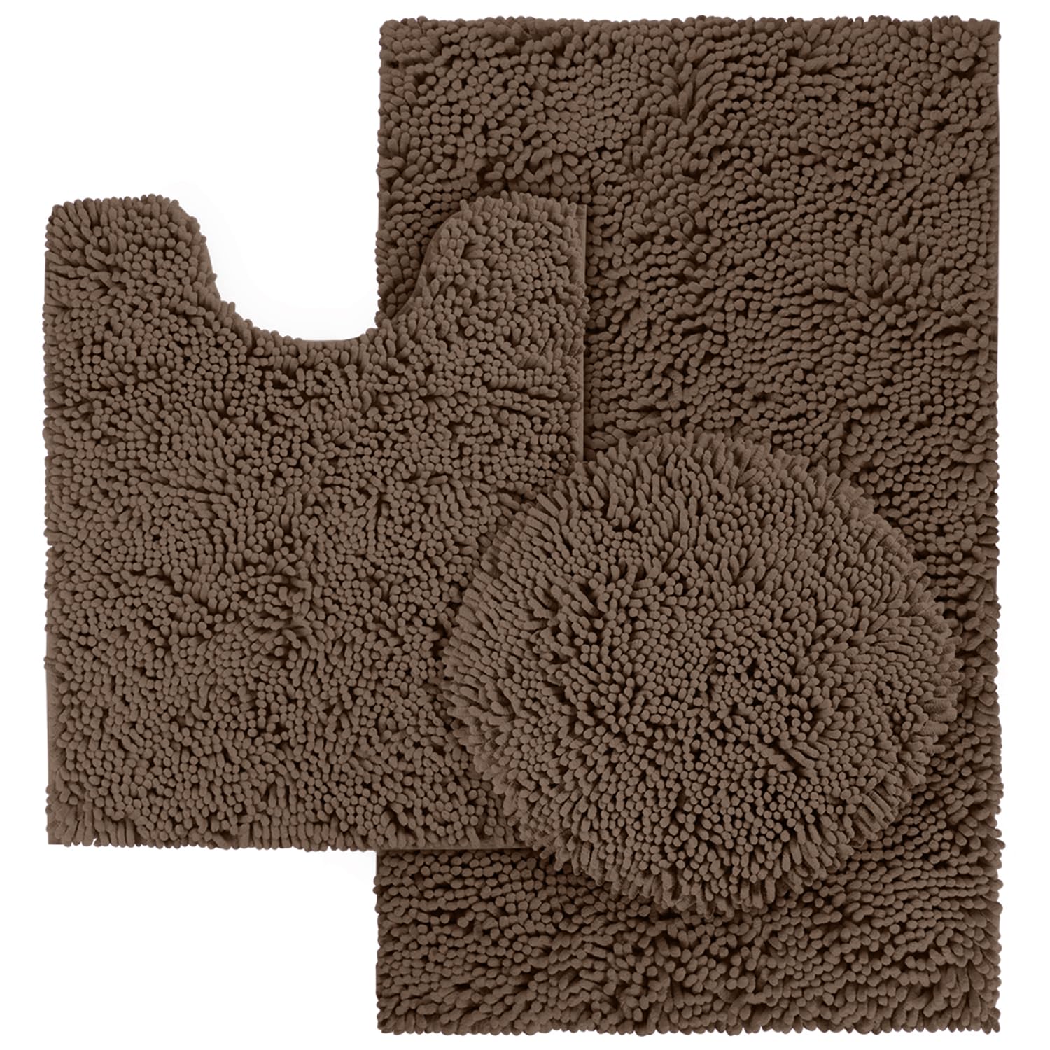 Homeideas 3 Pieces Brown Bathroom Rugs Set, Ultra Soft Non Slip Bath Rug And Absorbent Chenille Bath Mat, Includes U-Shaped Cont