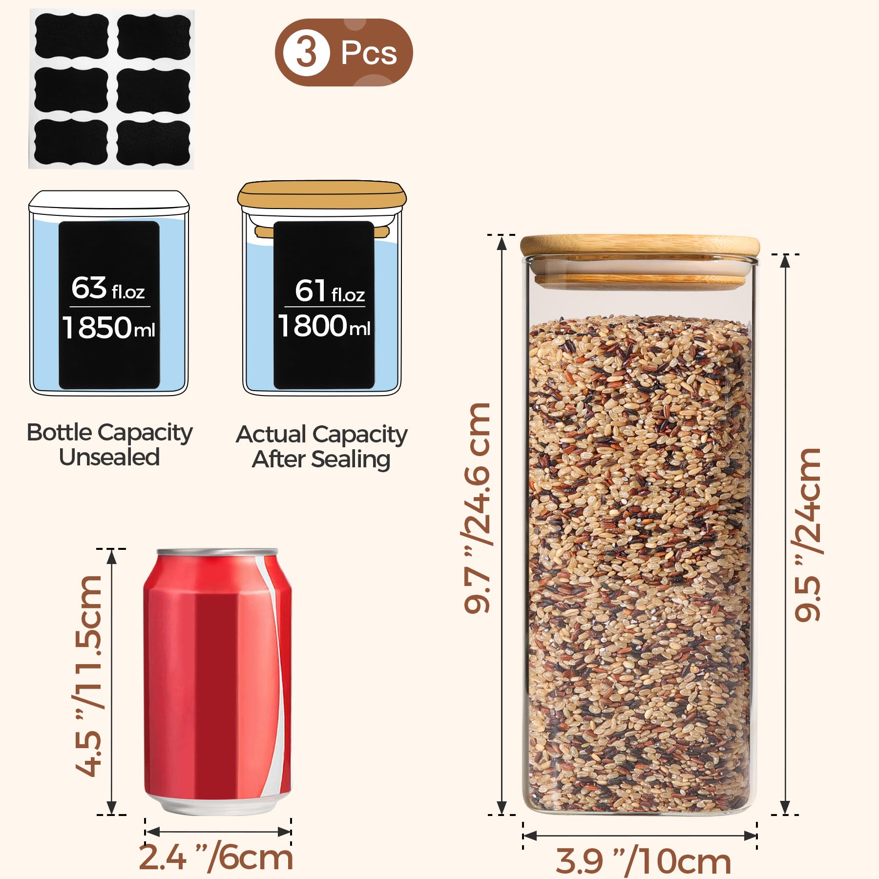 Comsaf 61Oz Glass Storage Containers With Lids, Glass Jars With Lids, Clear Food Storage Jar, Square Glass Canister Set Of 3, Pa