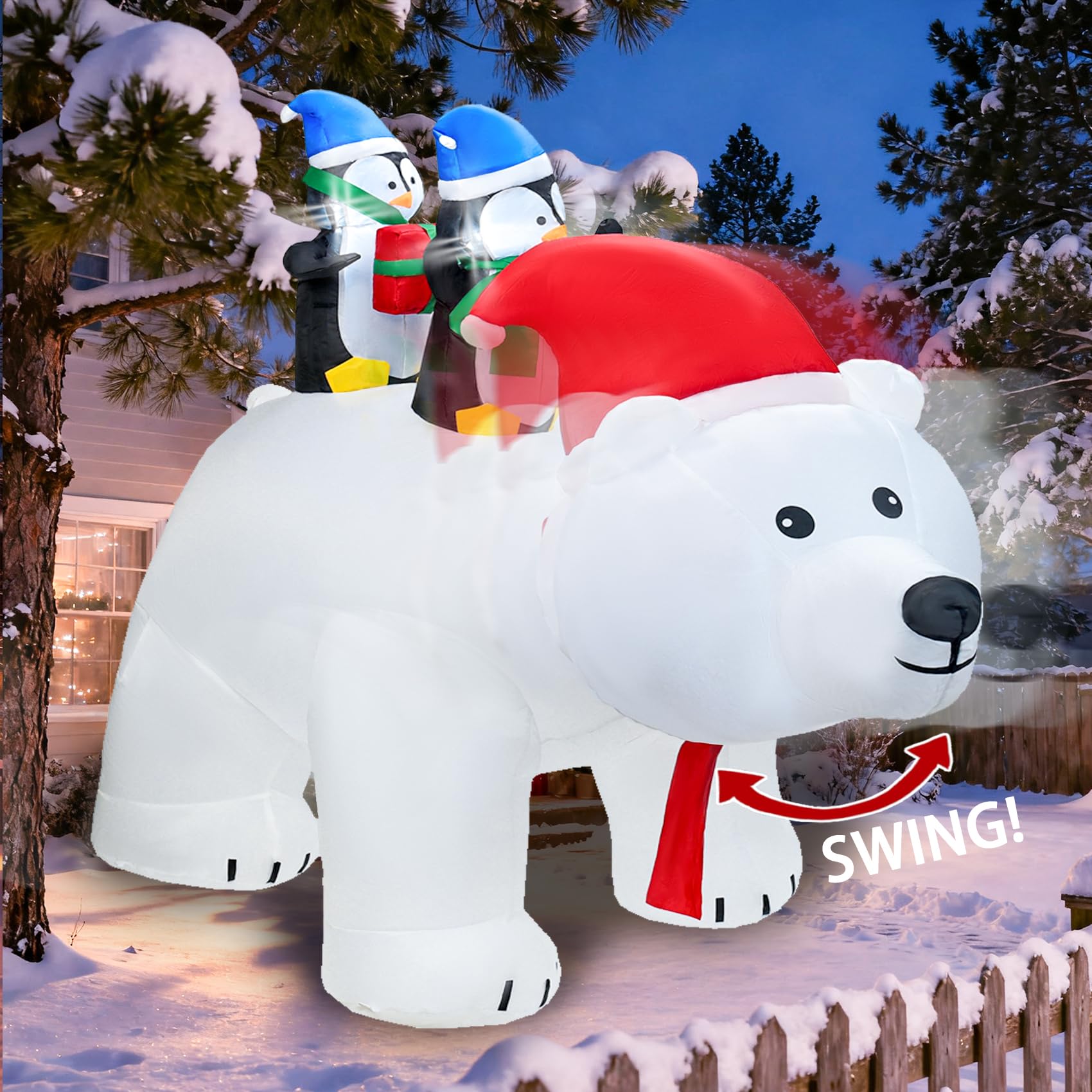 DearSun 7FT L Christmas Inflatable Penguins on Polar Bear with Shakable Head, Blow up Christmas Inflatable with Build-in LED Lig