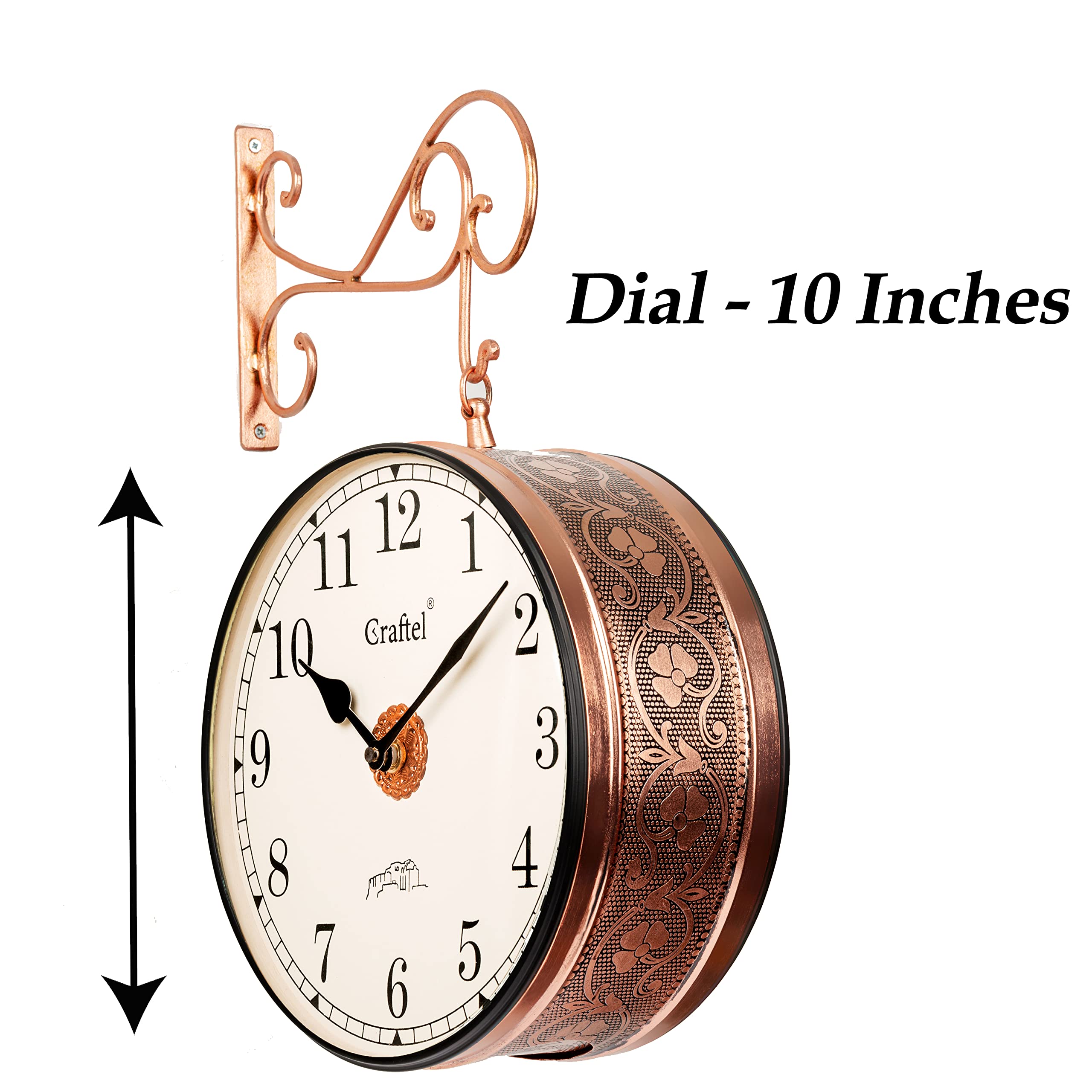 CRAFTEL Metal Analog Double Sided Vintage Station Wall Clock with Brass in Dial (Rose Gold_10 Inches)