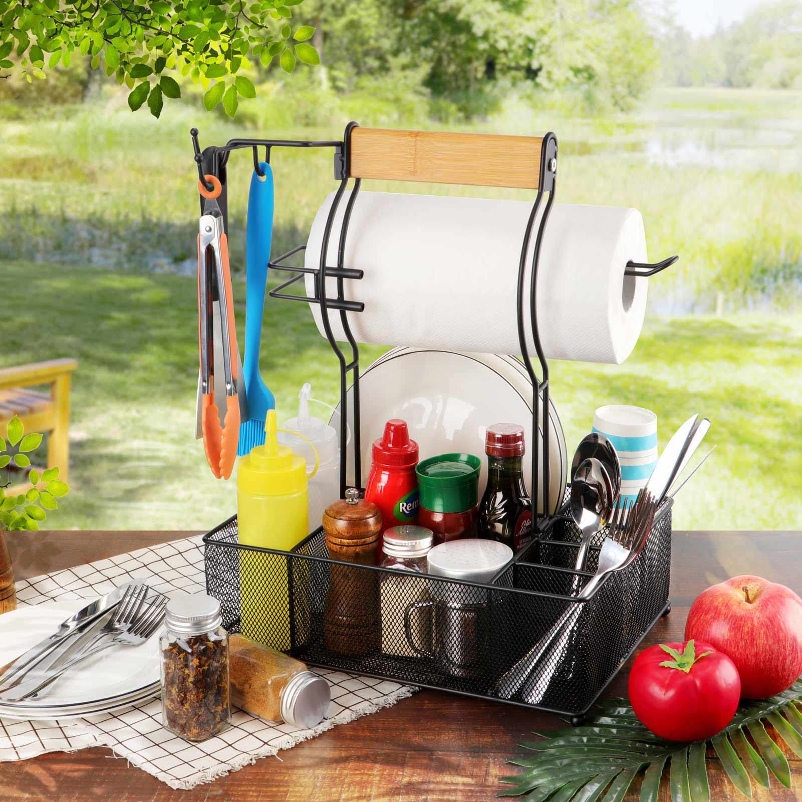 Fangsun Grill Caddy, Bbq Caddy With Paper Towel Holder, Picnic Condiment Utensil Caddy For Outdoor Camping, Barbecue Accessories
