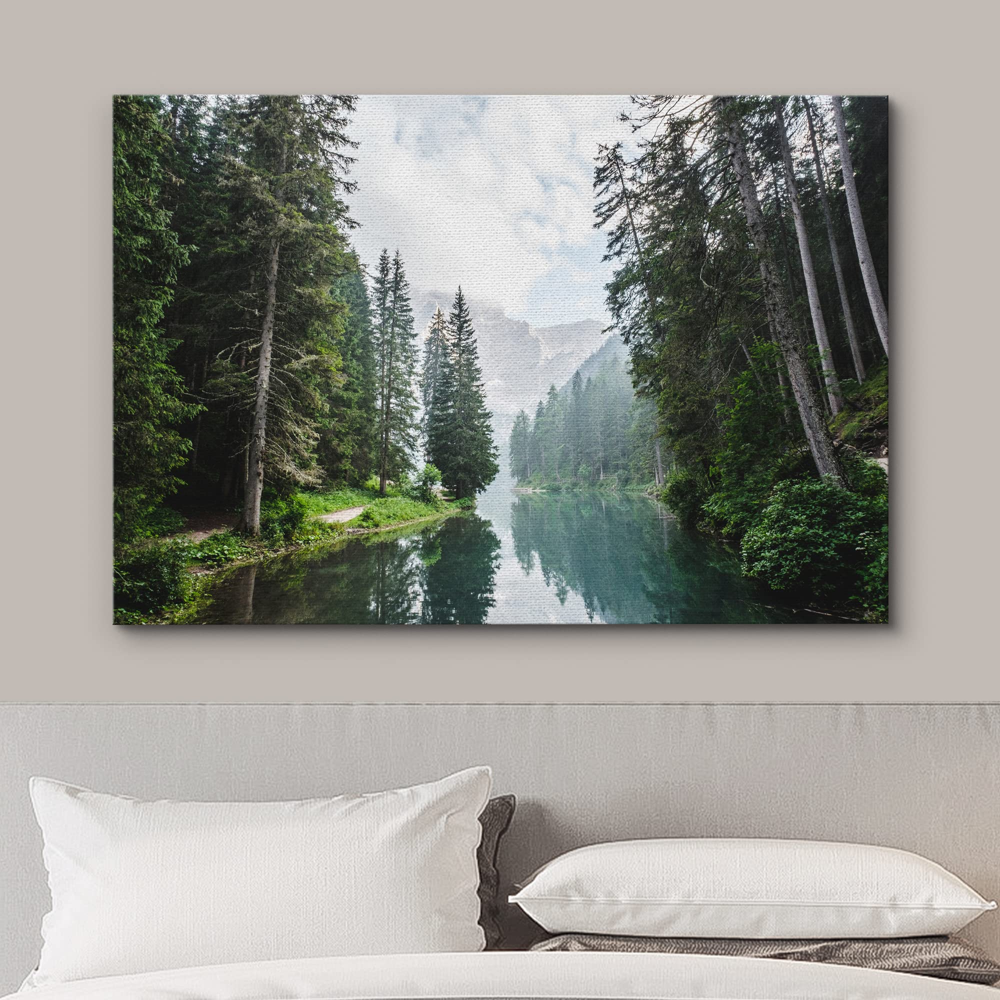 wall26 Canvas Print Wall Art Fall Green Forest with Lake Reflection Nature Wilderness Photography Modern Art Rustic Scenic Colorful Multicolor for Living Room  Bedroom  Office - 16$