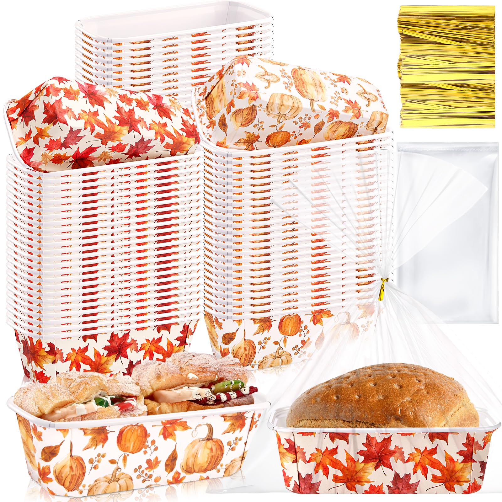 Honeydak 100 Sets Fall Mini Loaf Pans Disposable Paper Bread Trays