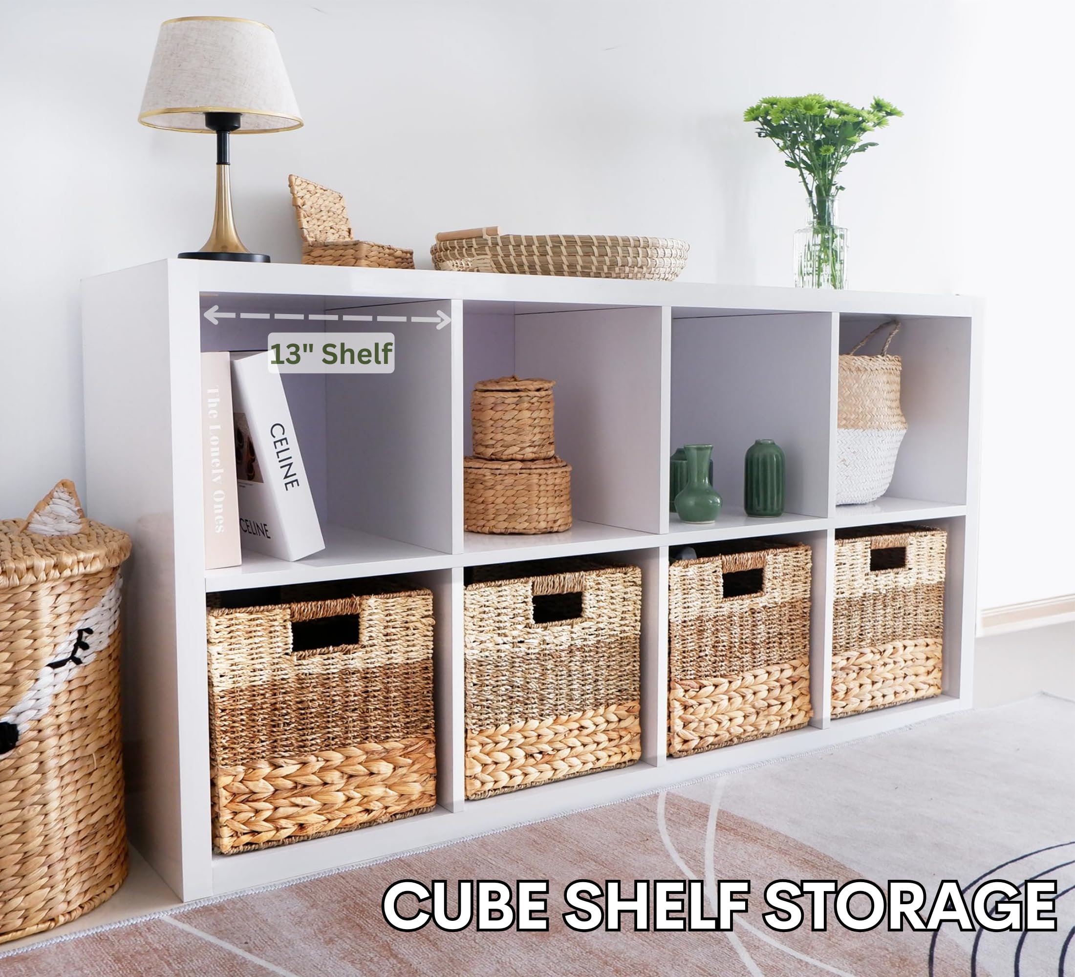 Chi An Home Wicker Storage Cubes 12X12, Set Of 4 Heavy Duty Hyacinth Baskets For Shelf, Storage Cube Bins, Natural Foldable Squa