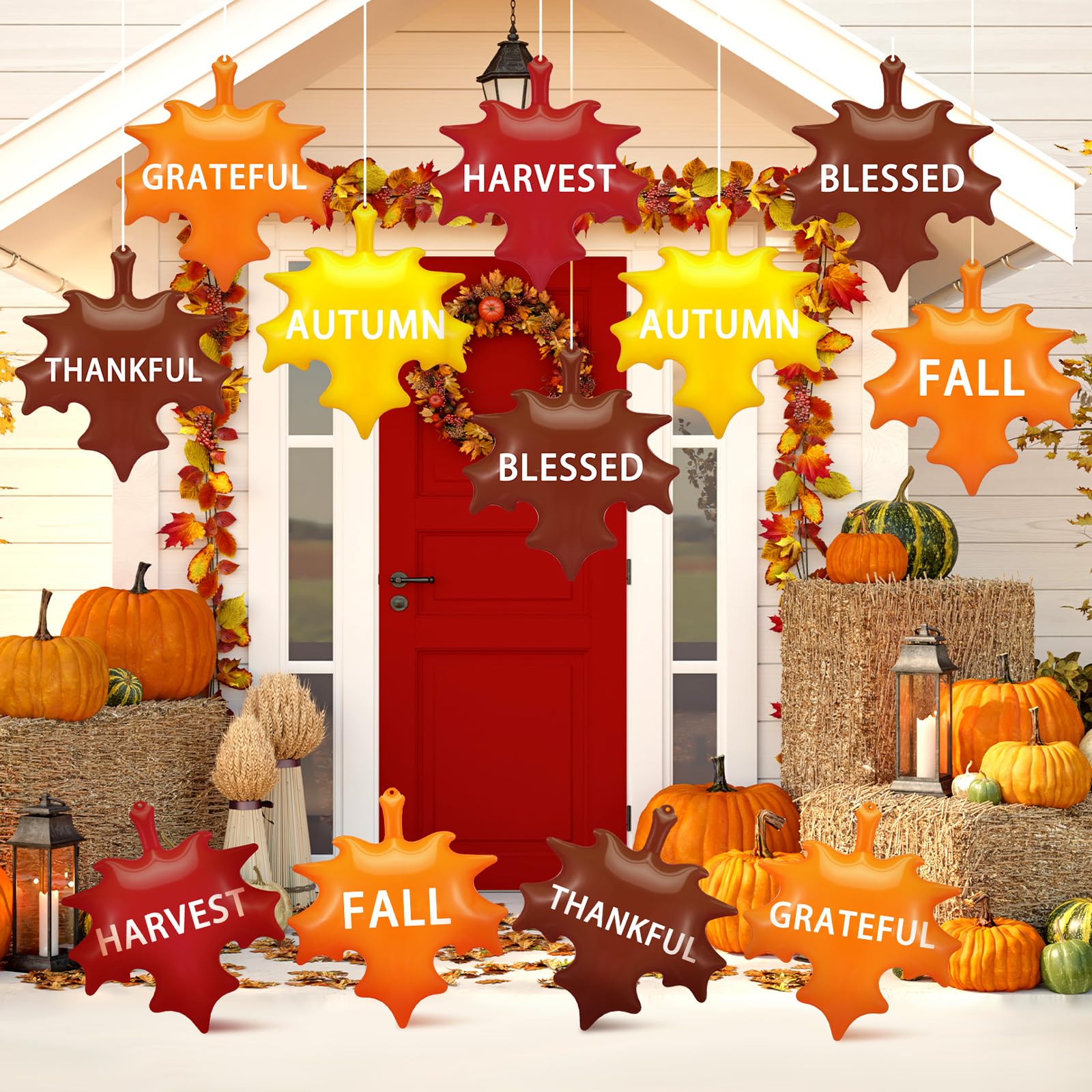 Leyndo 12 Pieces 14 Inch Thanksgiving Fall Inflatable Maple Leaf Outdoor Decorations Autumn Maple Leaf Inflatable Hanging Orname