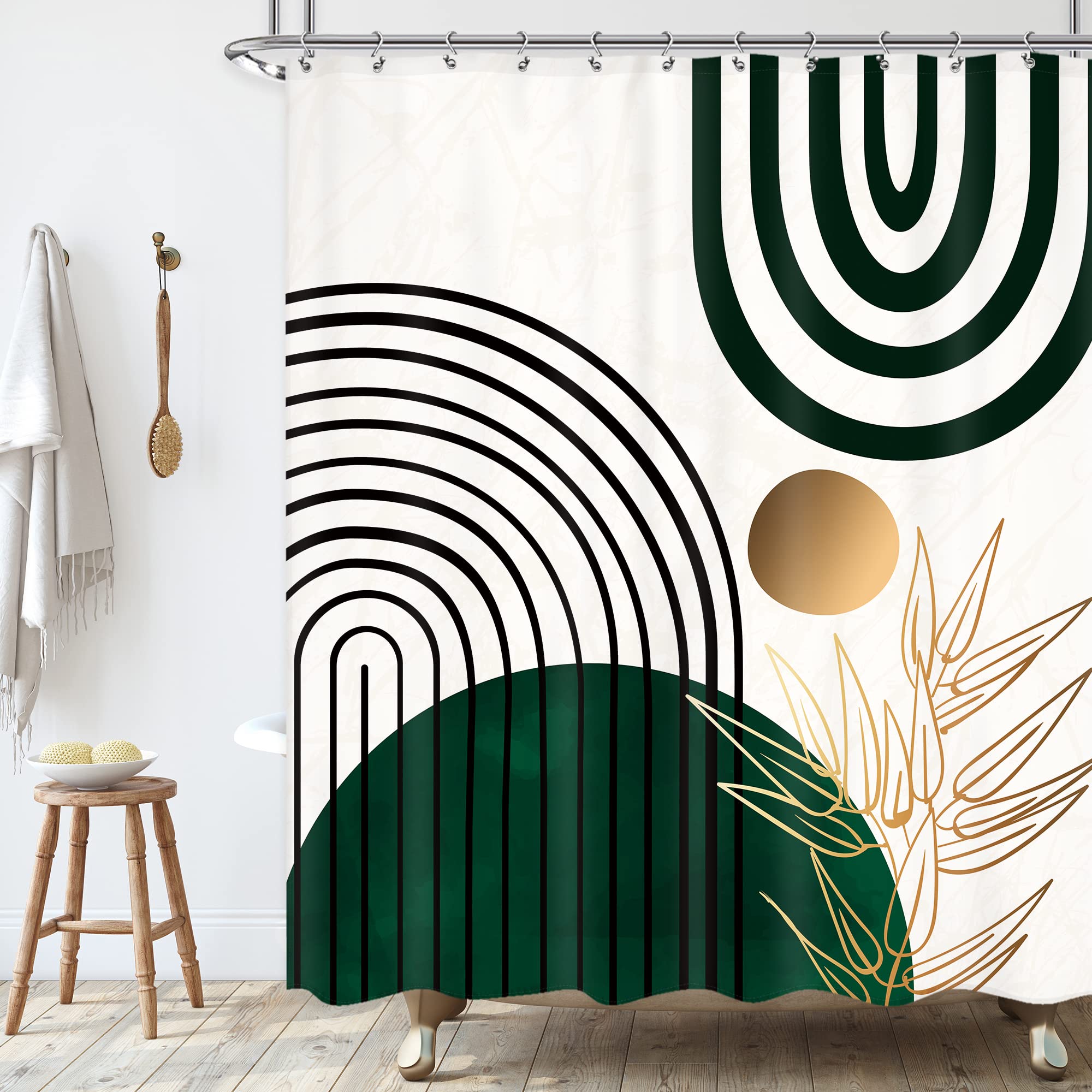 Komllex Green Chic Abstract Shower Curtain For Bathroom Decor 60Wx72H Inches Boho Leaves Tropical Mid Century Simple Minimalist