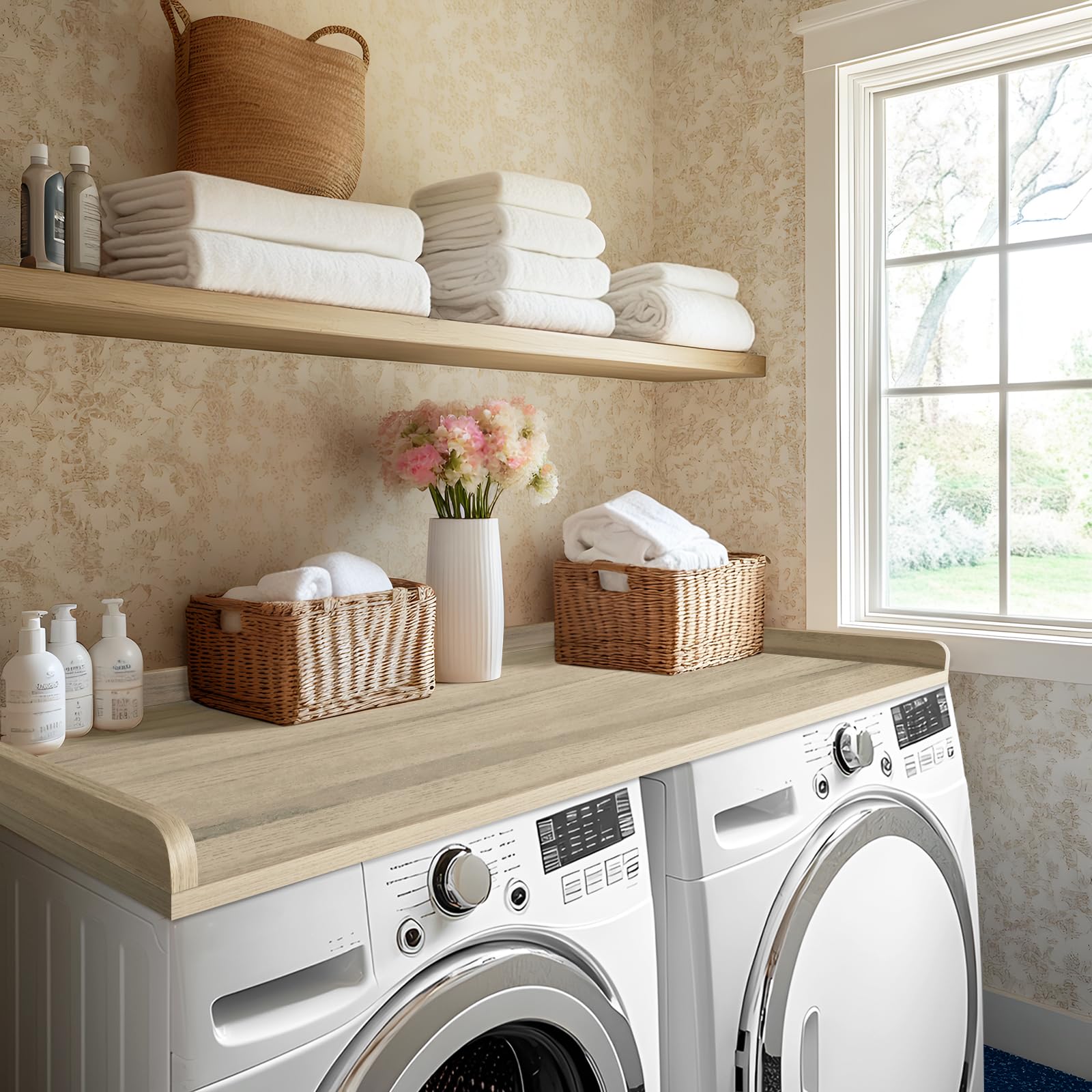Kaboon Washer Dryer Countertop, Melamine Countertop With Edge Rails - 27.5'' Depth X 54'' Width Laundry Room Organization,Oak(Gr