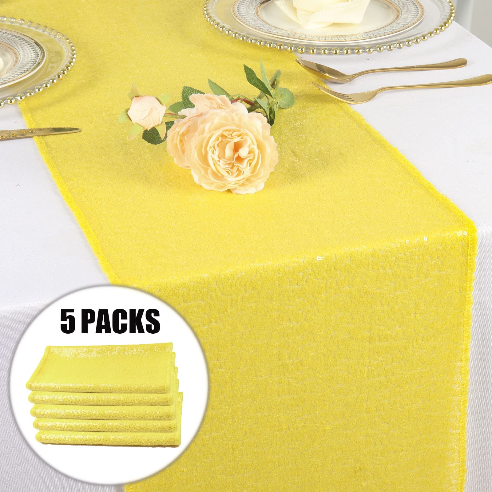 Duobao Yellow Sequin Table Runner 12X72 Inches Pack Of 5 Wedding Runners Sequence Table-Runner Linen Table Cover Overlay Glitter