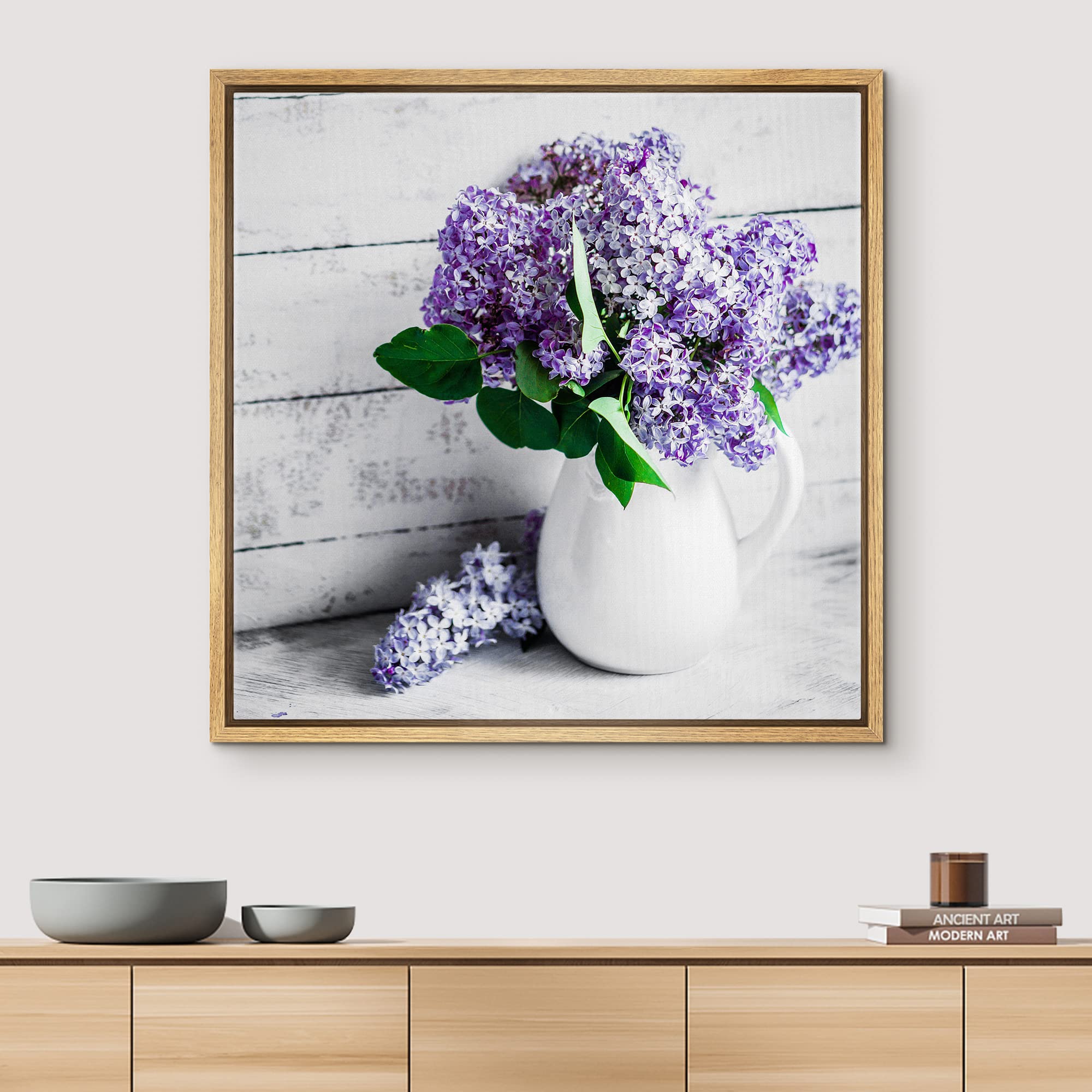 Wall26 Framed Canvas Wall Art - Elegant Lilac Light Purple And Pink Flowers In White China Bottle Mordern Home Decoration - 24''