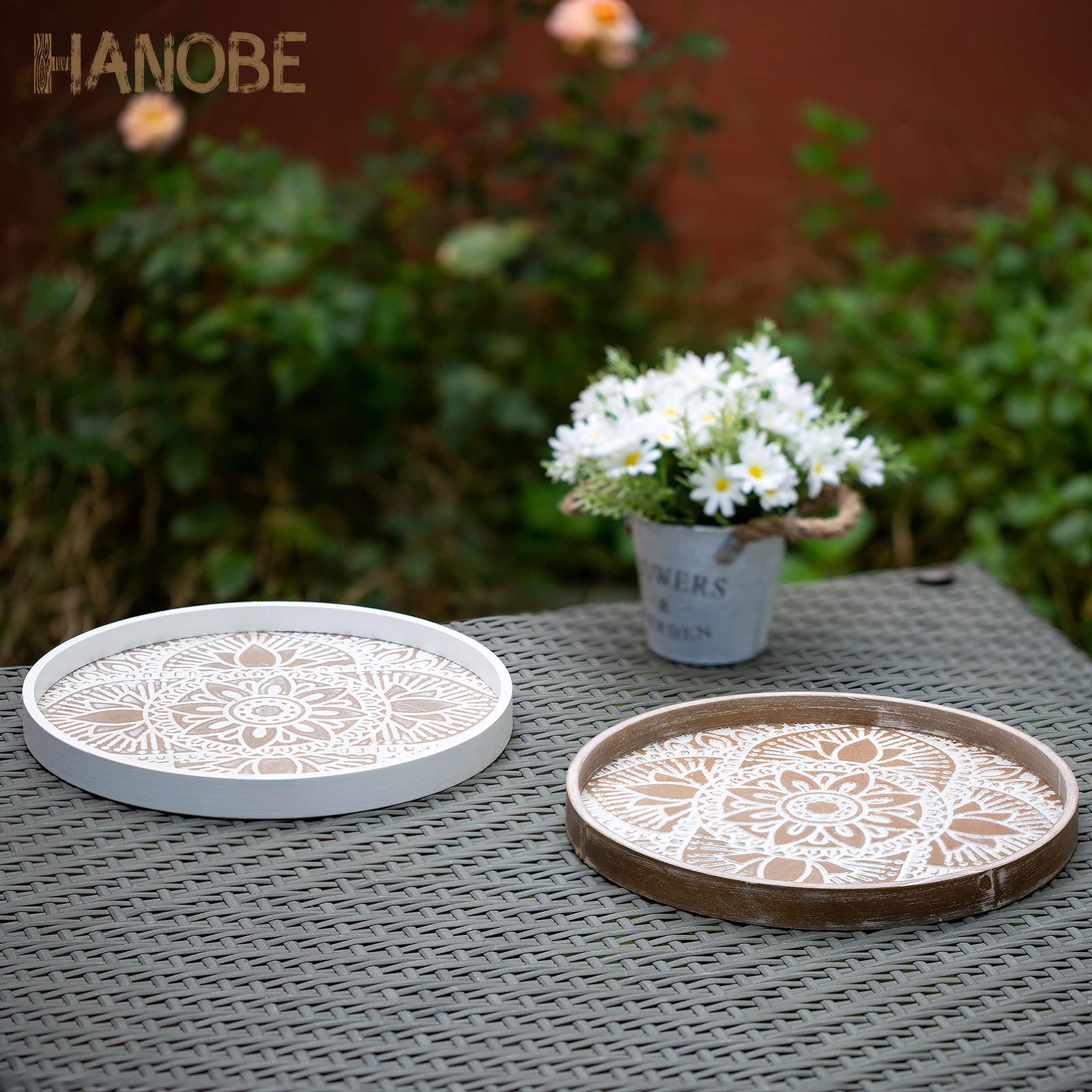 Hanobe Round Wood Decorative Tray: Boho Coffee Table Tray Farmhouse Rustic Brown Centerpiece Decor Wooden Serving Trays Circle T