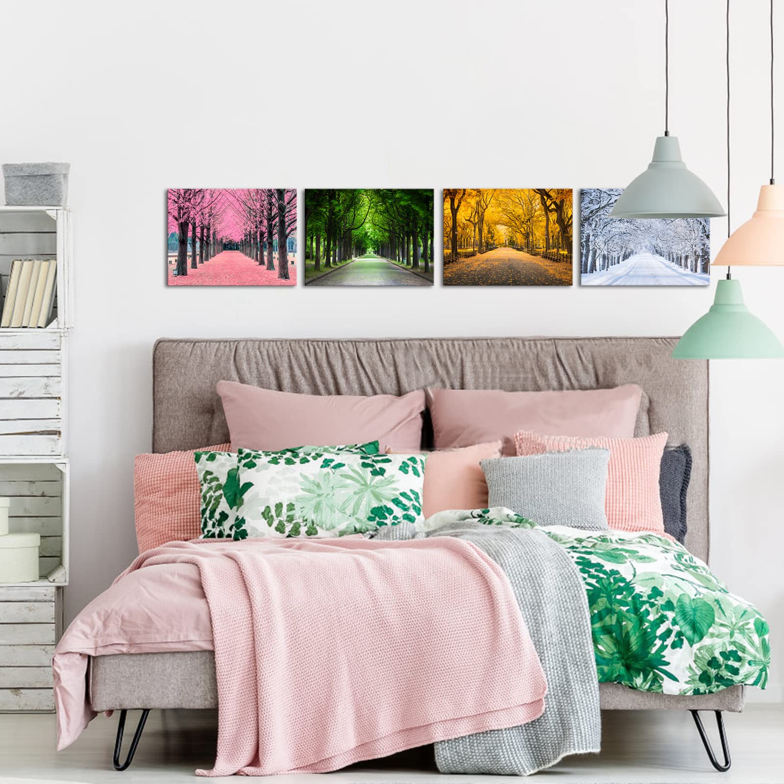 Ilooklike 4 Panels Colorful Trees Canvas Wall Art Four Season Picture Prints Spring Summer Fall Winter Nature Scenery Mural Pain