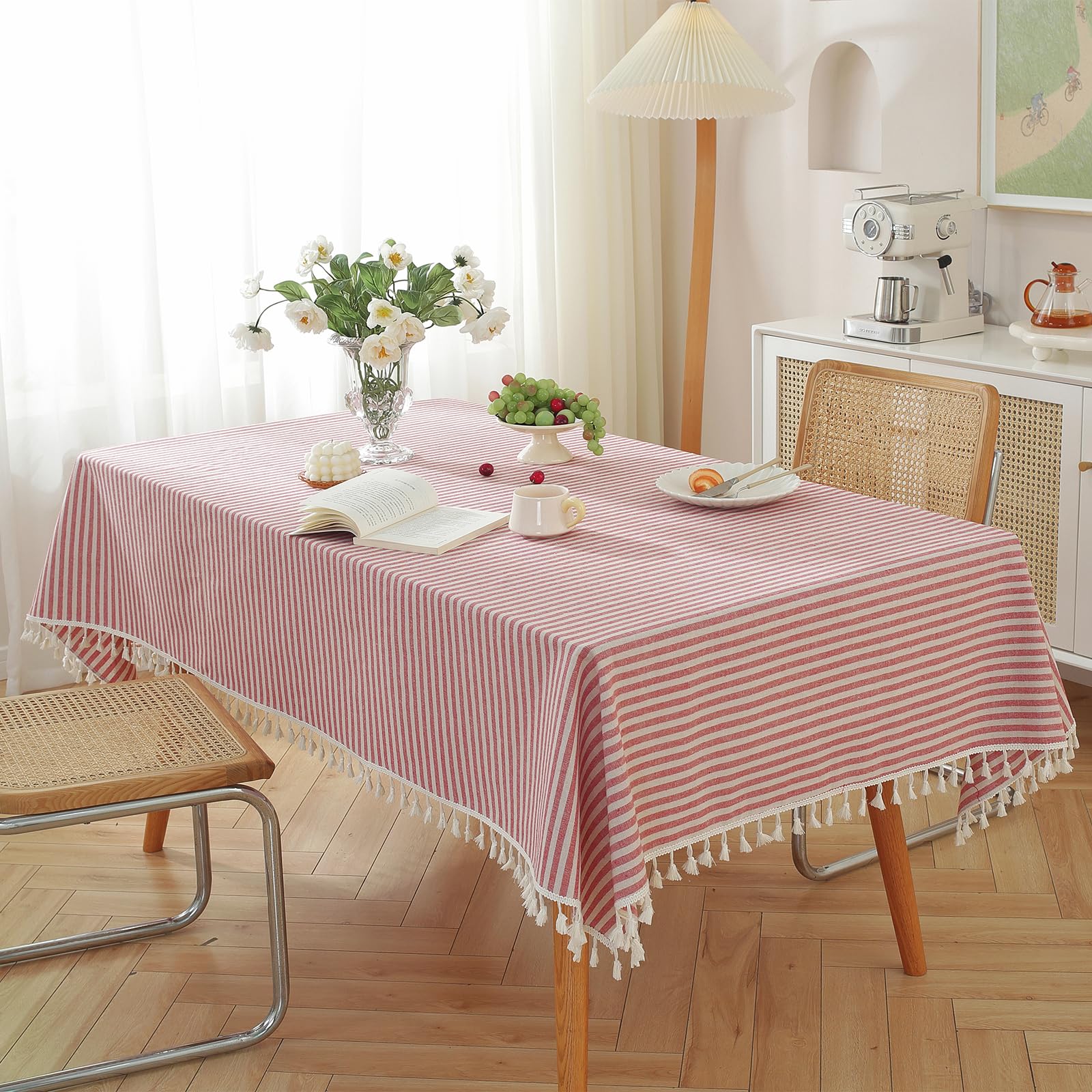 Meioro Table Cloth Red White Striped Tablecloth Tassels Cotton Linen Dust-Proof Table Cover For Dining Coffee Buffet Kitchen Pic