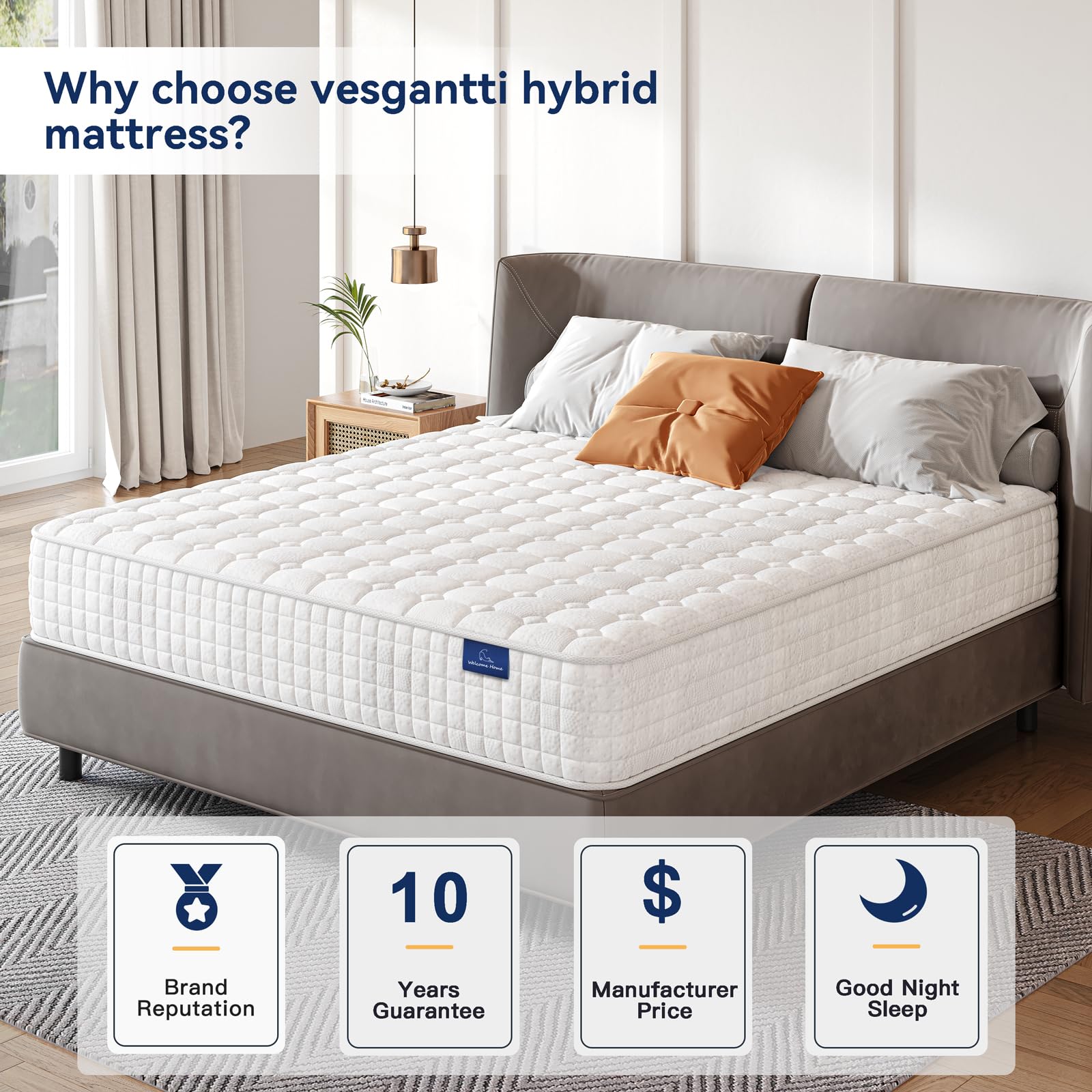Vesgantti Full Mattress 10 Inch Innerspring Multilayer Hybrid Full Mattress - Ergonomic Design with Memory Foam and Pocket Spring Mattress Full Size  Medium Firm Feel  White