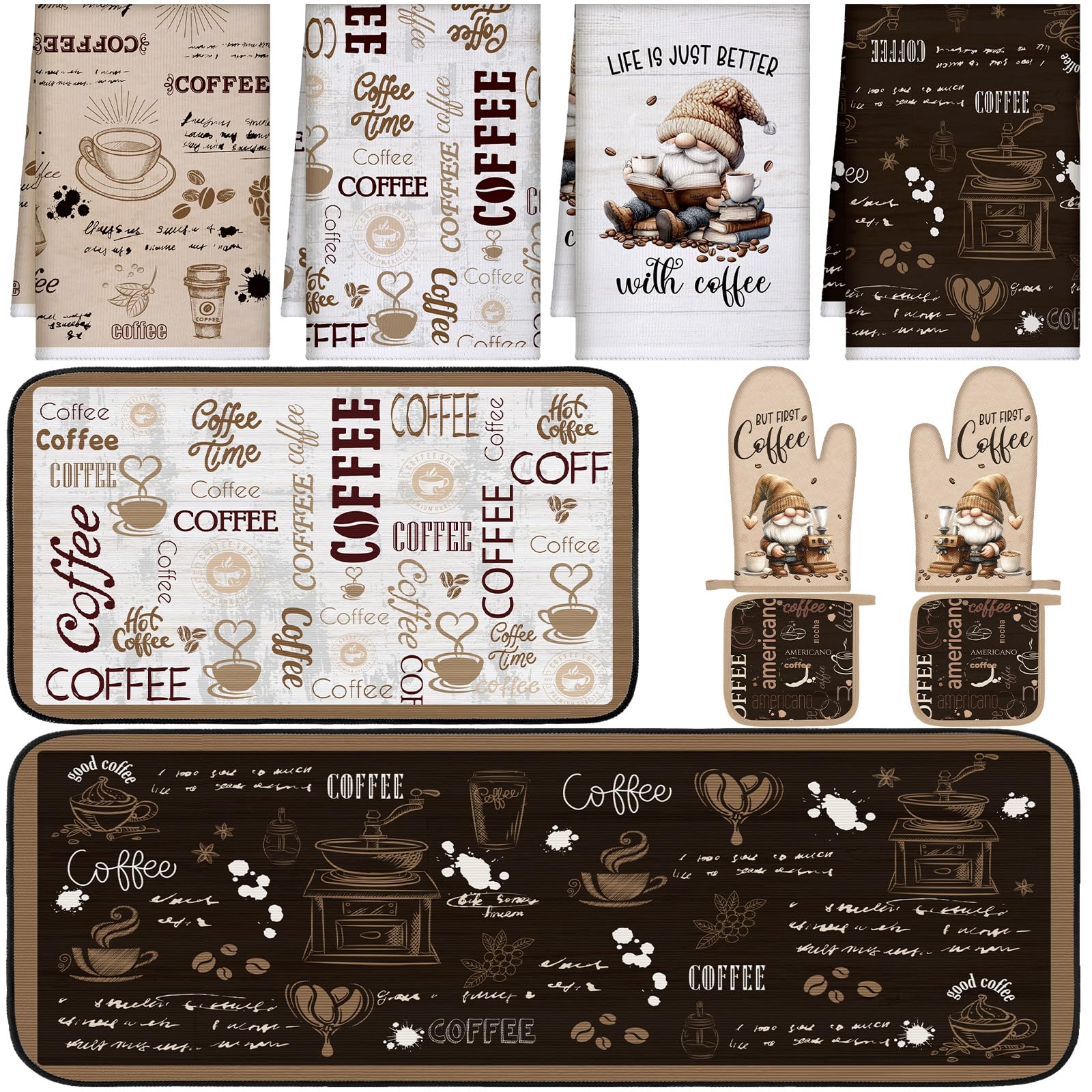 Fourluoo 10 Pcs Coffee Kitchen Decor and Accessories Oven Mitts and Pot Holders Set Coffee Dish Towels Rugs Farmhouse Kitchen De