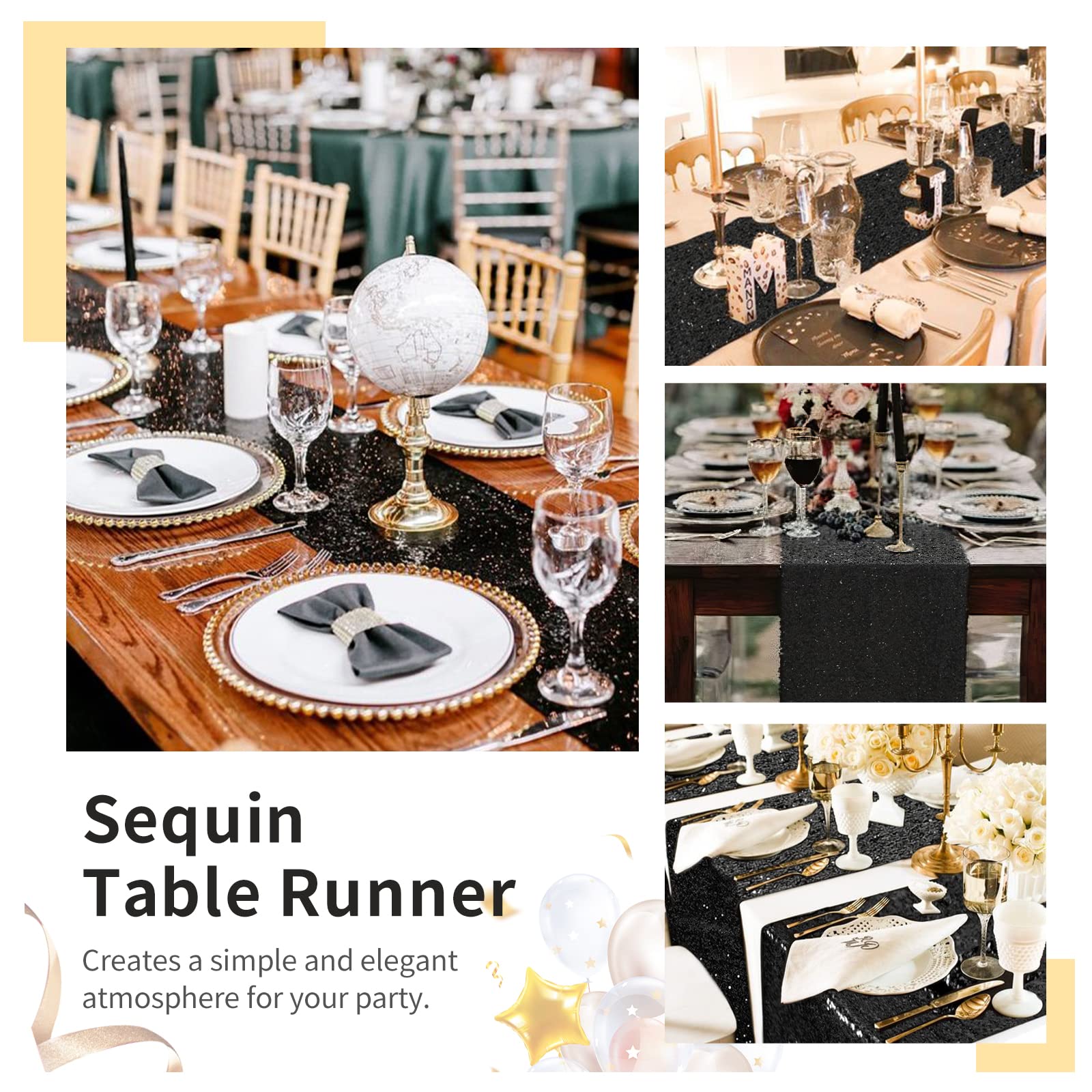 Black Table Runners Sparkly Halloween Table Runner 10 Packs 12X108 Inches Glitter Sequin Fabric For Birthday Party Holiday Suppl