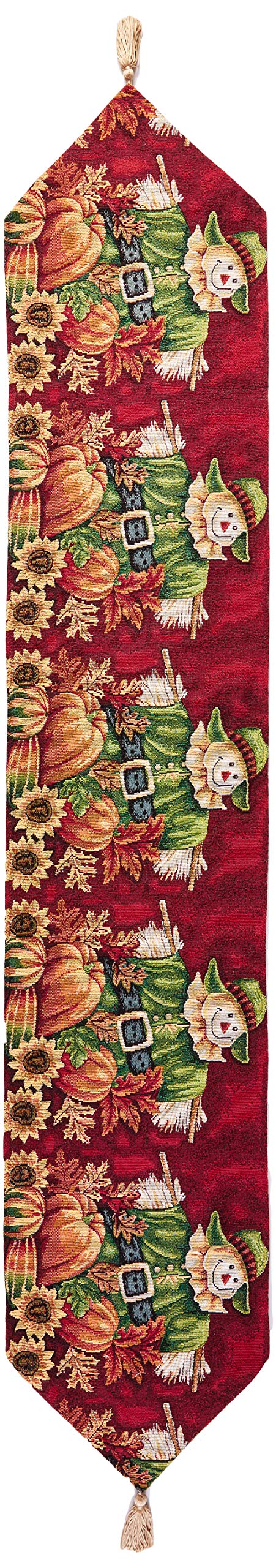 Violet Linen Fall Harvest Collection - Tapestry Scarecrow Pumpkins Autumn Leaves And Sunflowers Design - 13'' X 70'' Table Runne