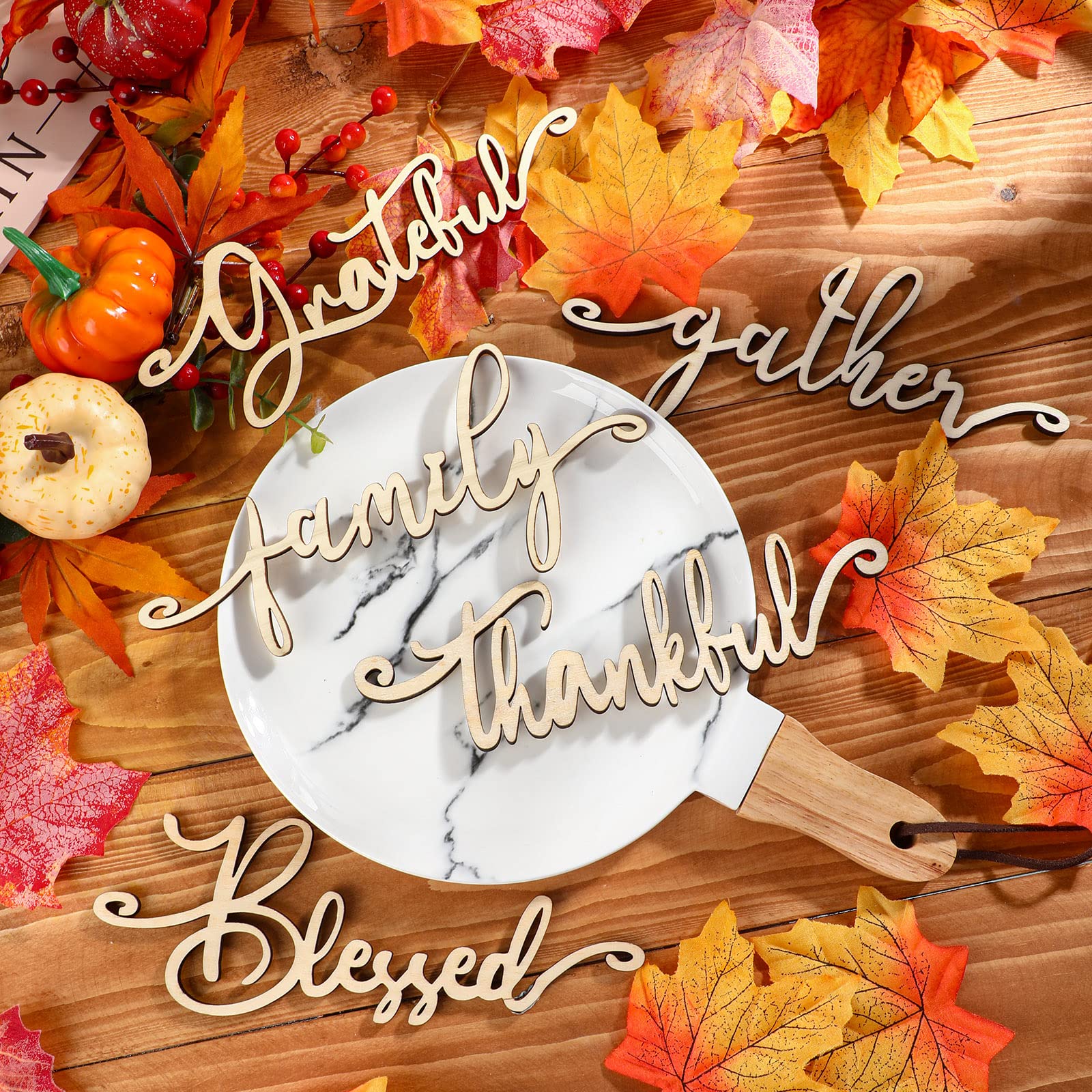 Jetec 20 Pieces Thanksgiving Decor Thankful Grateful Blessed Wood Cutout Sign for Plate Table Wall Decor Rustic Wooden Word Cuto