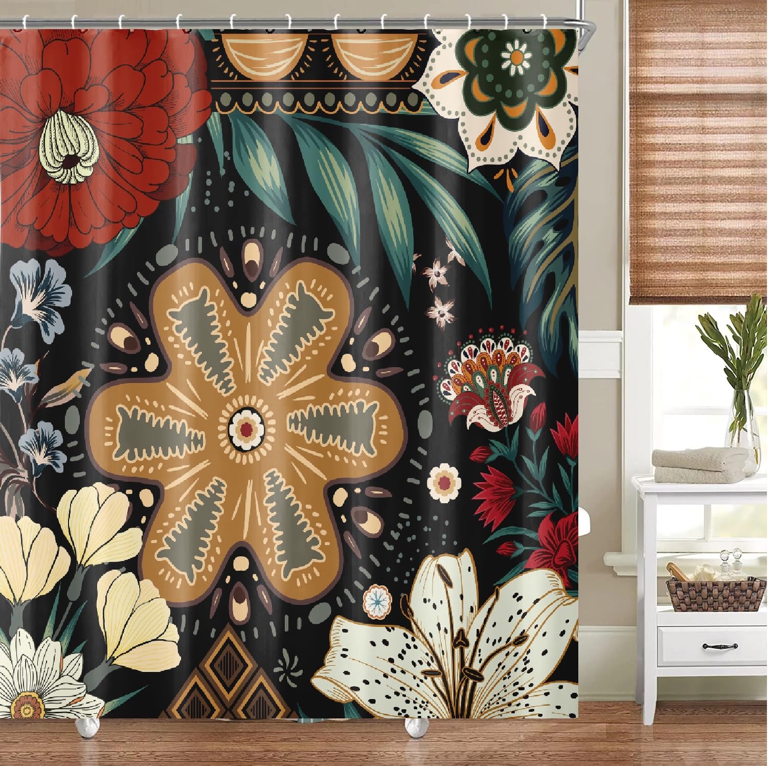 Bivinar Black Boho Floral Shower Curtain, Bohemian Mandala Flower Bathroom Shower Curtain, Fabric Waterproof Shower Curtain With