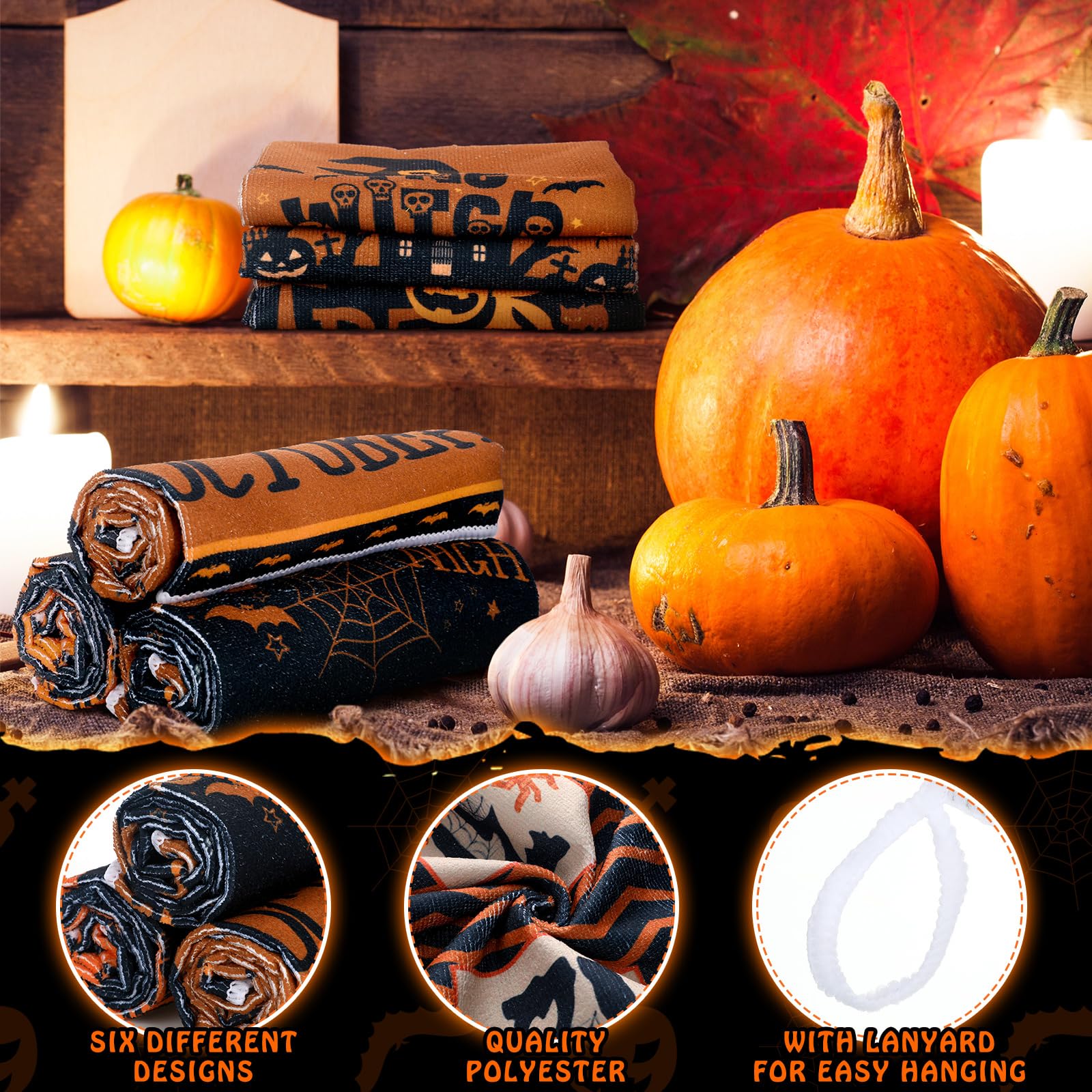 Ganeen 6 Pcs Halloween Kitchen Towels Dwarfs Cobwebs Witches Castles Dish Fiber Fingertip Hand Tea Towels 14.2 x 21.3 Inch for S