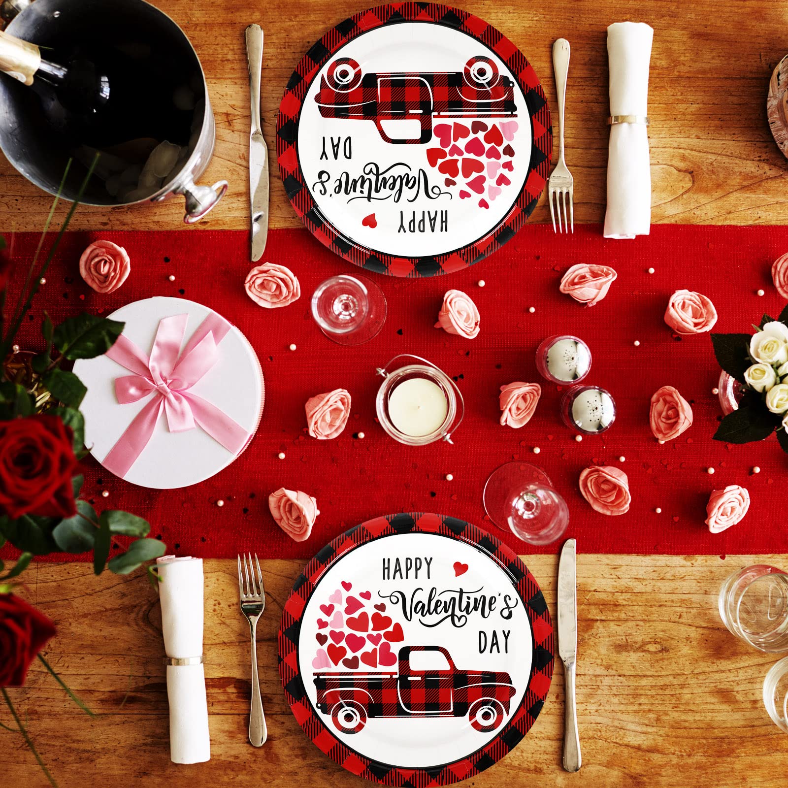 Whaline 100Pcs Valentine'S Day Tableware Set Buffalo Plaid Heart Truck Disposable Dinnerware Set 50Pcs Paper Plates 25Pcs Napkin