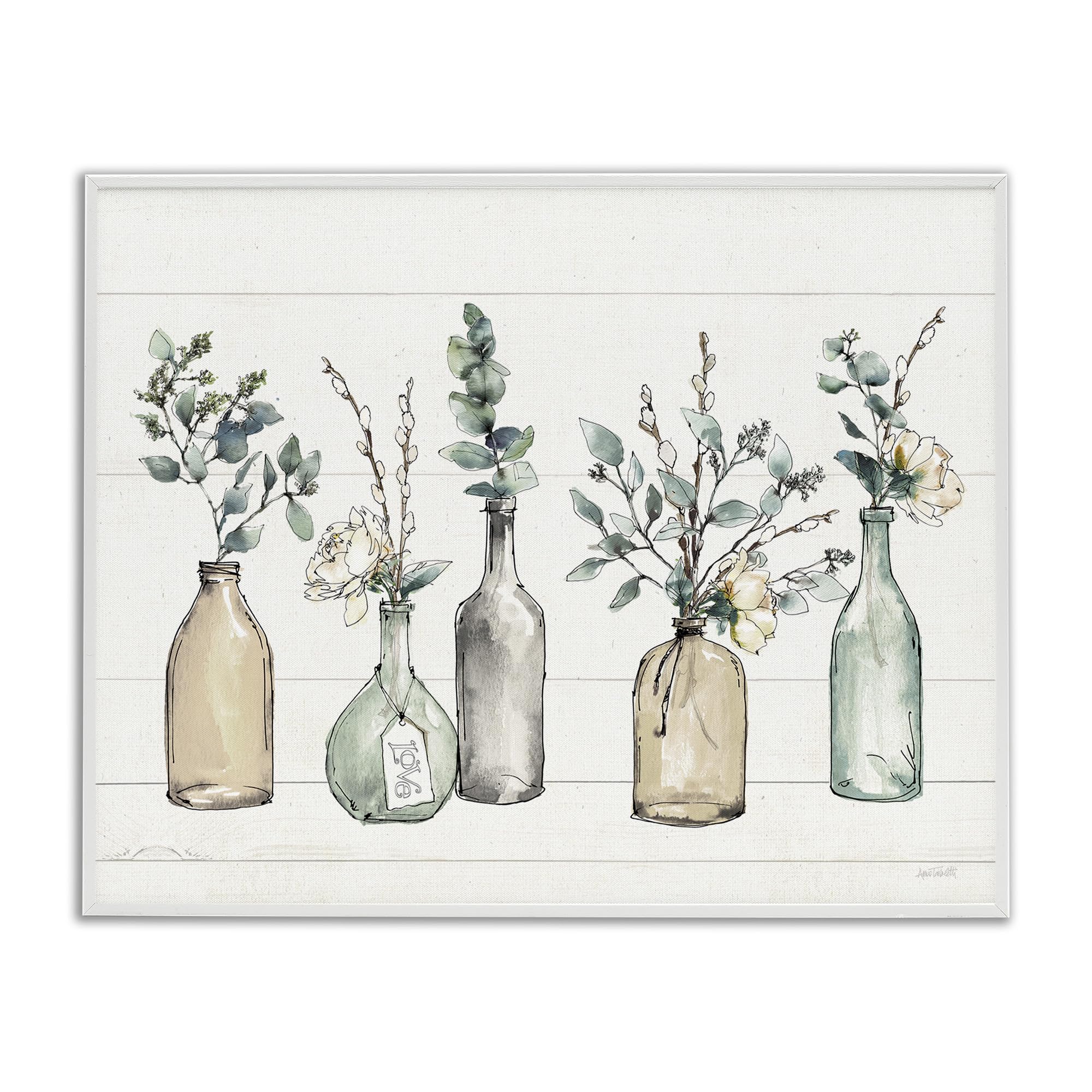 Stupell Industries Bottles and Plants Farm Wood Textured  Design by Anne Tavoletti Wall Art  16 x 20  Multi-Color  White Framed