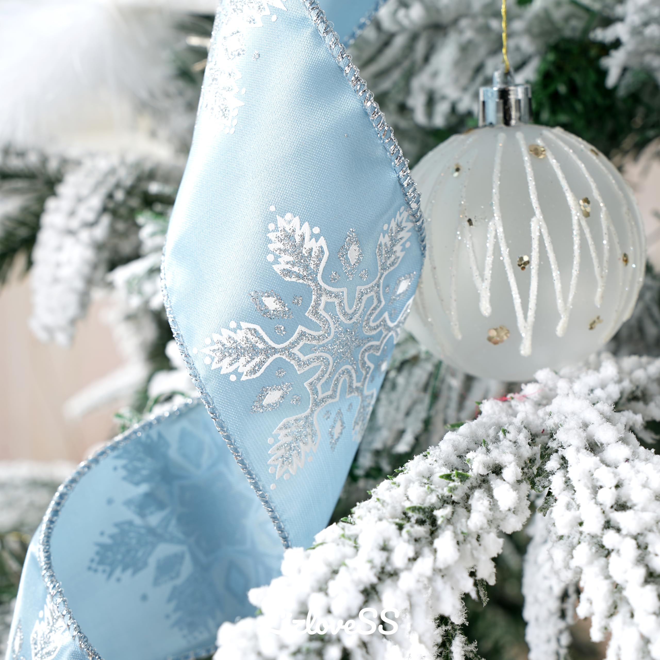 LIZLOVESS Dusty Blue and Silver Christmas Tree Toppers 13 x 53 Inch Large Decorative Bows with Streamer and Snowflake Patterns f