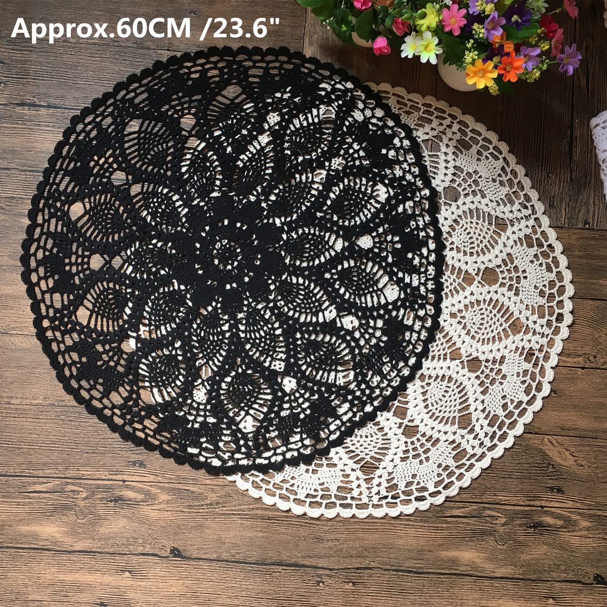 Mindplus Cotton Hand Crochet Doilies Lace Crocheted Table Cloth Doily 24 Inches Round Black