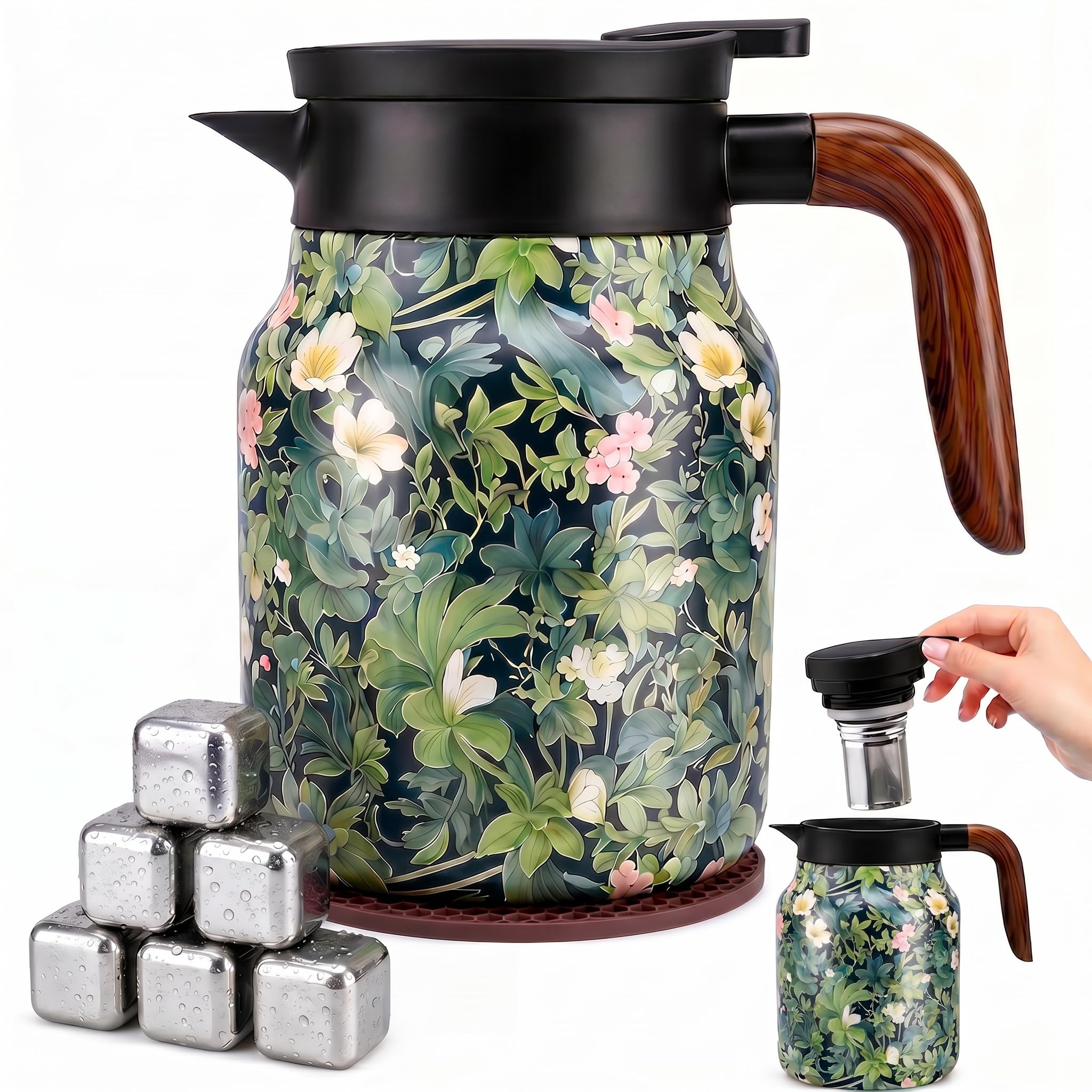 Kefoeuy Vintage Floral Thermal Carafe, 35oz 1L Double Wall Insulated Stainless Steel Tea Coffee Thermos with Removable Infuser, 