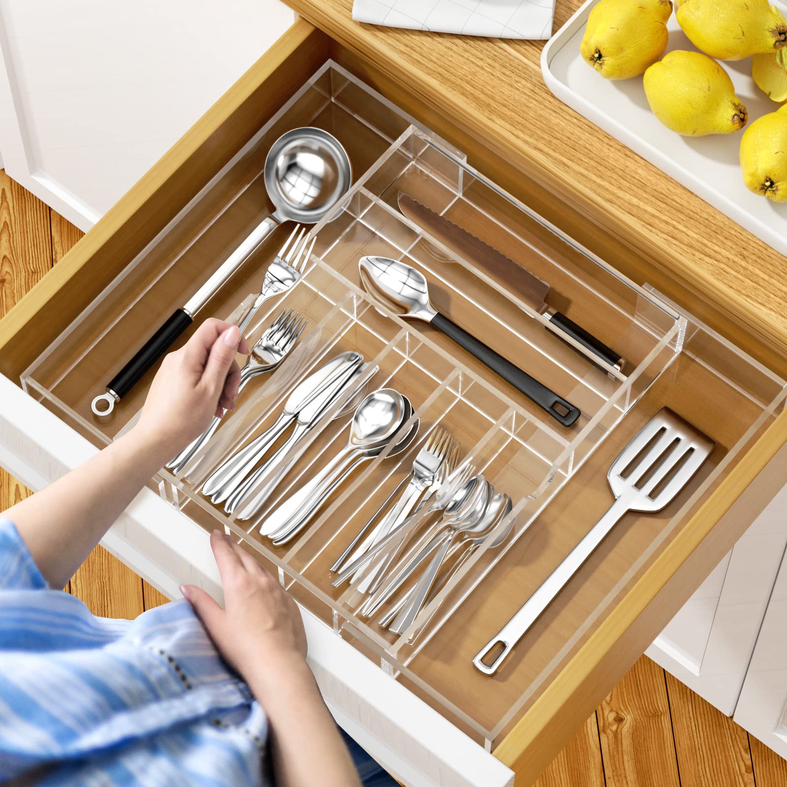 NIUBEE Expandable Kitchen Drawer Organizer for Flatware and Utensils Clear Acrylic Adjustable Silverware Tray for Drawer Office Bathroom Supplies-9 Compartments