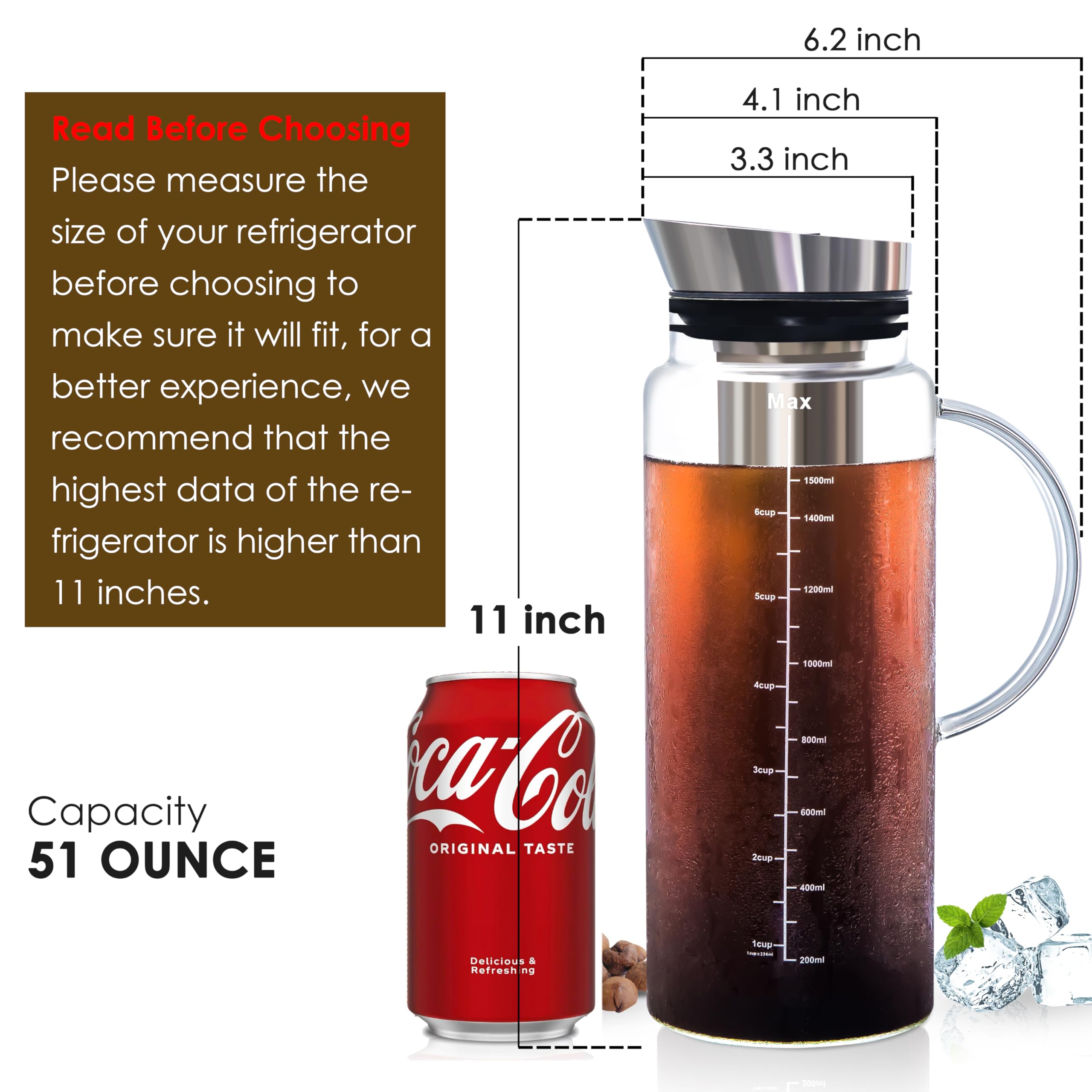 Aquach Cold Brew Coffee Iced Tea Maker & Fruit Pitcher - Large Capacity 51 Ounces - With Durable Glass Carafe/Fine Mesh Steel In