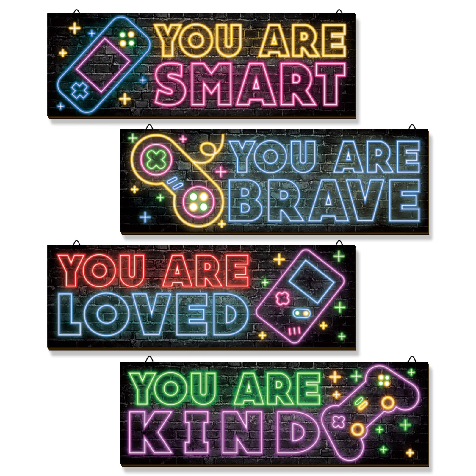 4 Pieces Neon Gaming Decor For Boys Room Wooden Video Game Wall Art Print 11.8 X 3 Inch Motivational Quote Gamer Hanging Plaques