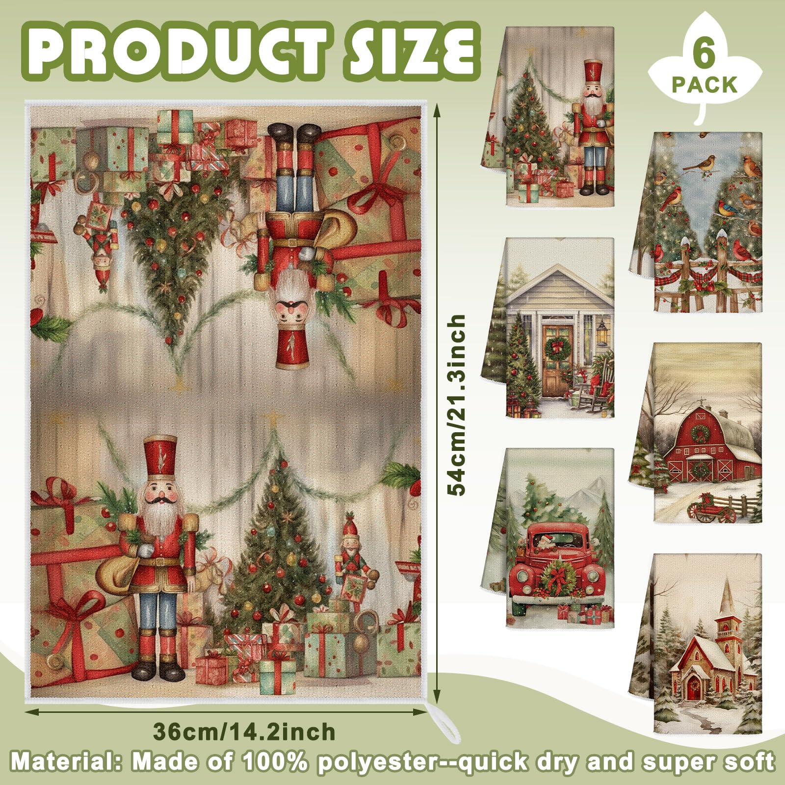 Hosuly 6 Pcs Vintage Christmas Kitchen Towels Absorbent Xmas Dish Towels Christmas Tea Towel Decorative Red Nutcracker Truck Hou