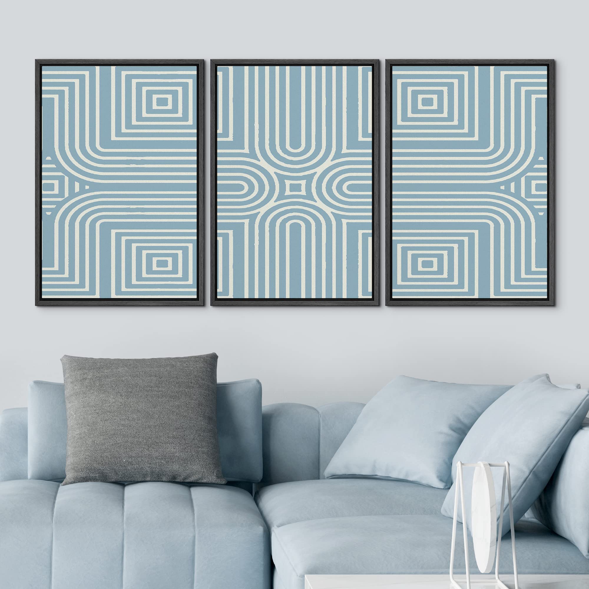 Idea4Wall Framed Wall Art Print Set Blue & White Tribal Line Pattern Geometric Shapes Illustrations Modern Art Bohemian Colorful