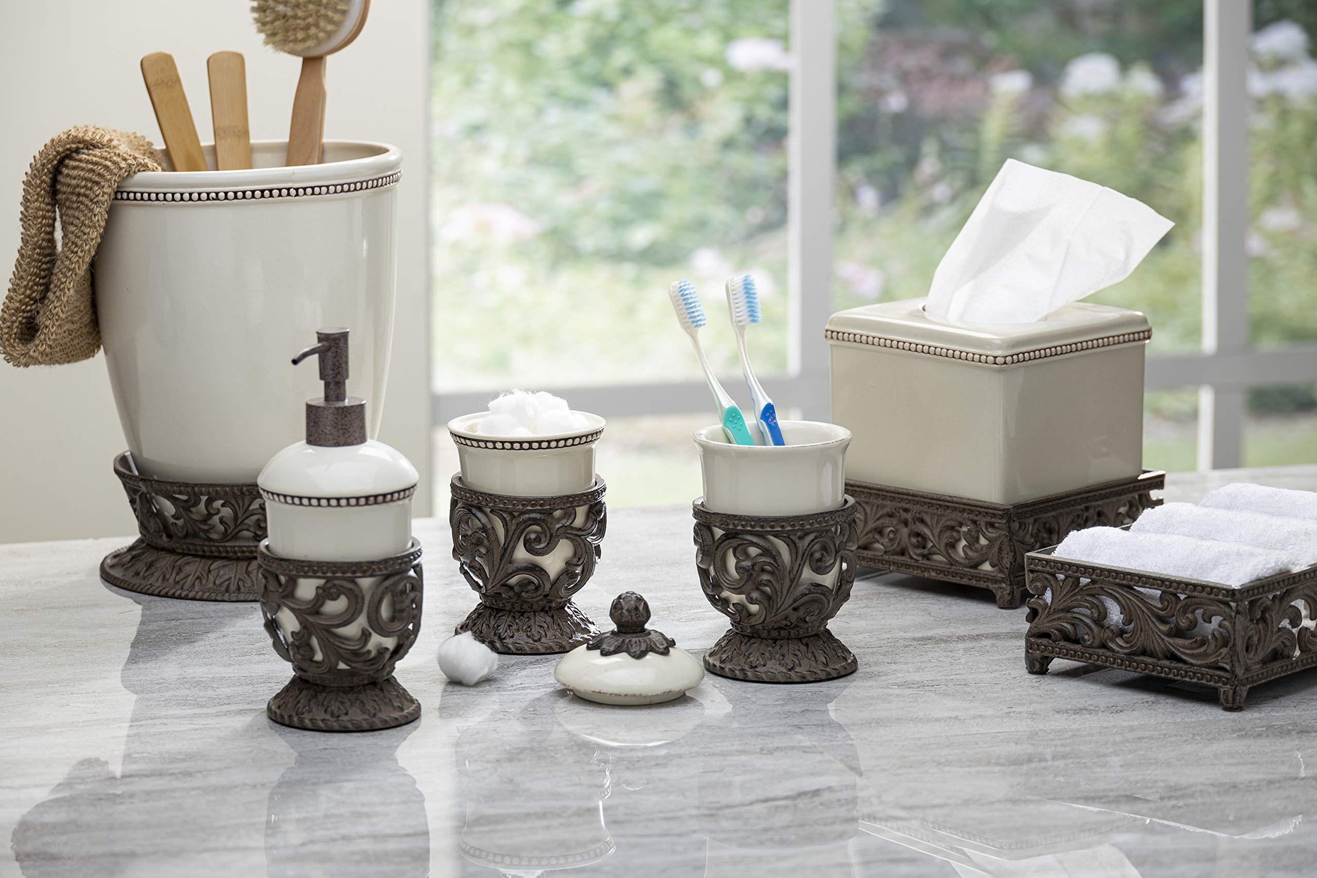 Gg Collection Small Cream Ceramic Wastebasket With Acanthus Leaf Metal Base